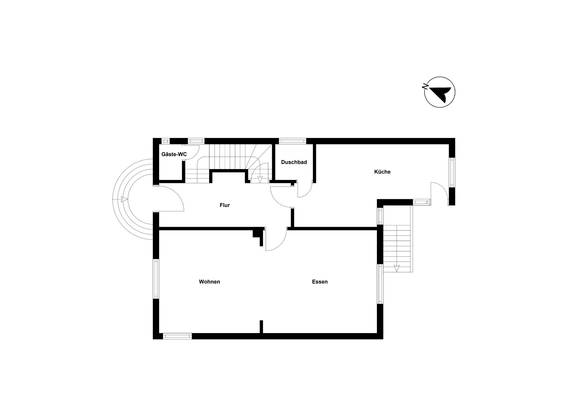 Grundriss mit Wohnzimmer, Essbereich, Küche, Duschbad, Gäste-WC und Flur.