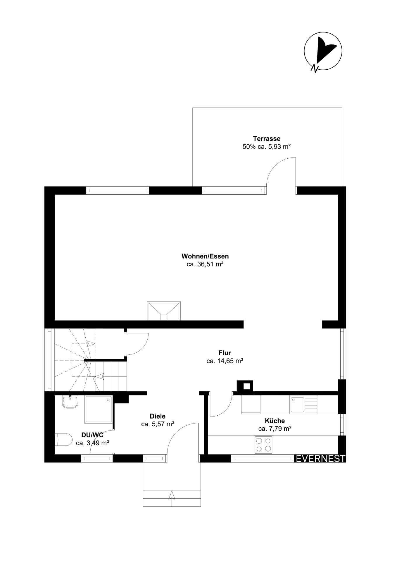 Grundriss eines Wohnbereichs mit Küche, Bad, Diele, Flur, Wohnzimmer und Terrasse.