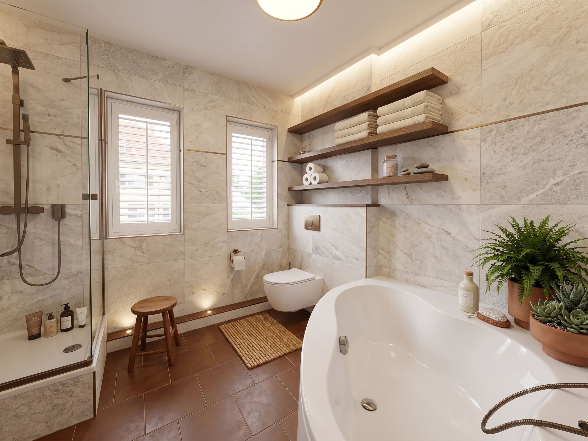 Modernes Bad mit Badewanne, Dusche, WC, Holzregalen und Pflanzen auf Fliesenboden.