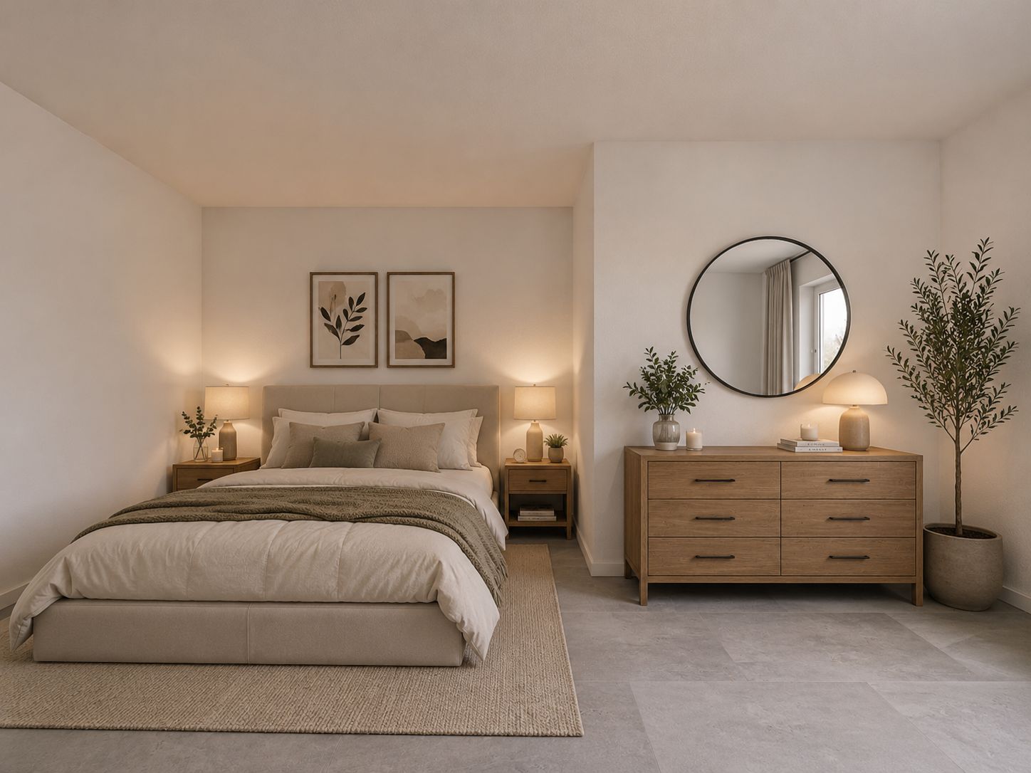 Modernes Schlafzimmer mit Doppelbett, Holzkommode, Spiegel und Pflanzen.