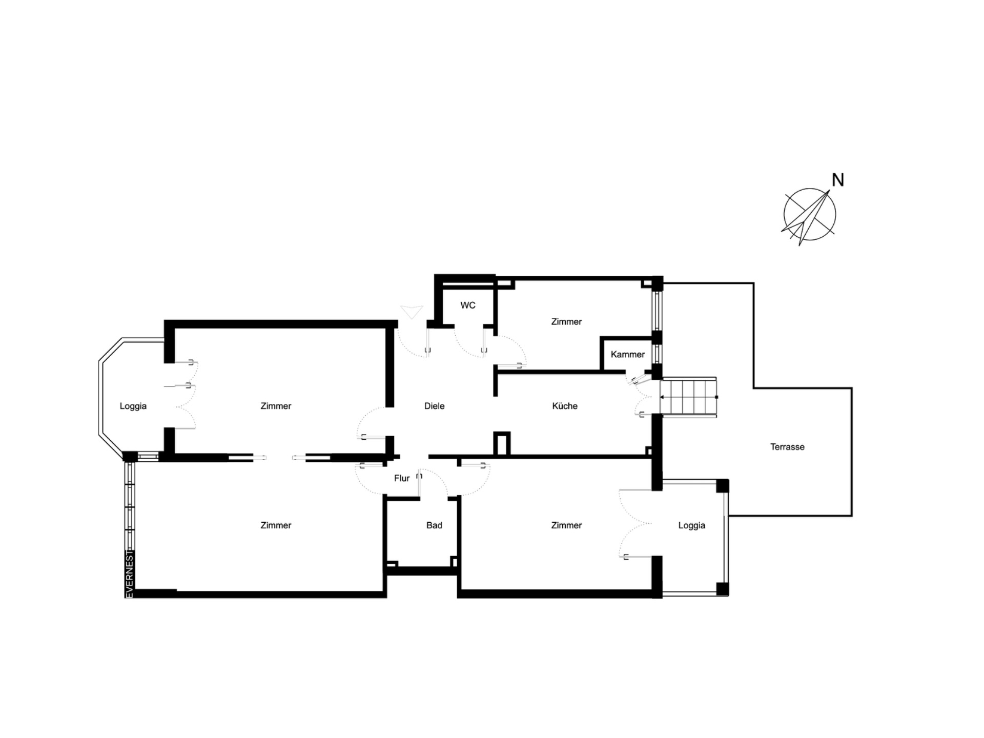 Grundriss einer Wohnung mit mehreren Zimmern, zwei Loggien, Terrasse, Bad, WC und Küche.