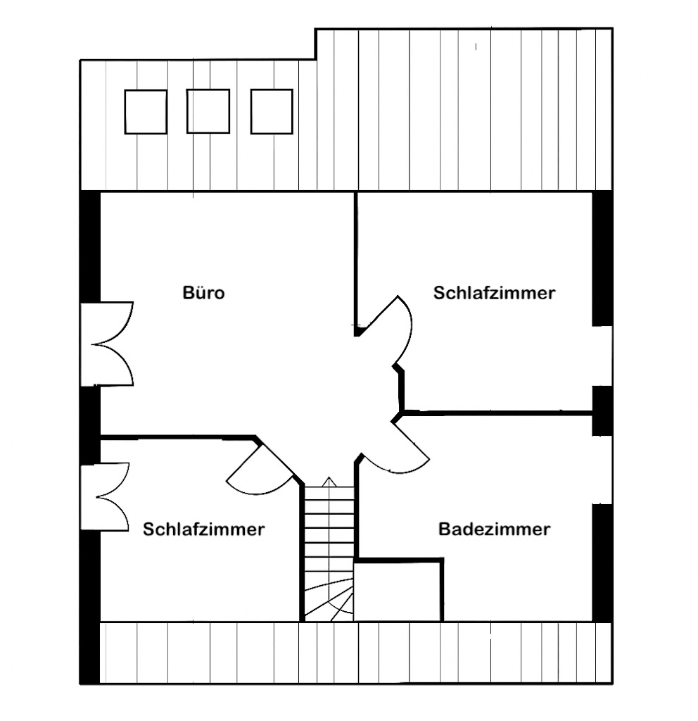 Grundriss mit Büro, zwei Schlafzimmern, Badezimmer und Flur mit Treppe.