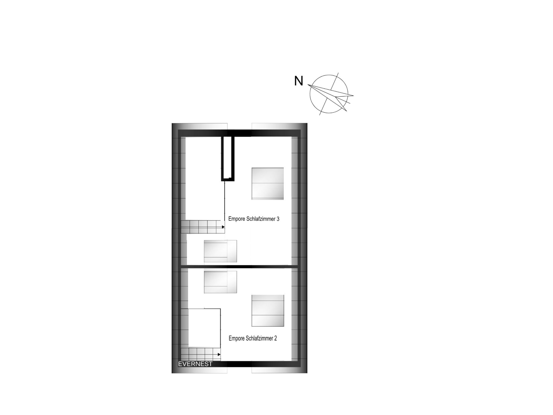 Grundriss mit zwei als Empore Schlafzimmer bezeichneten Räumen und eingezeichnetem Treppenaufgang.