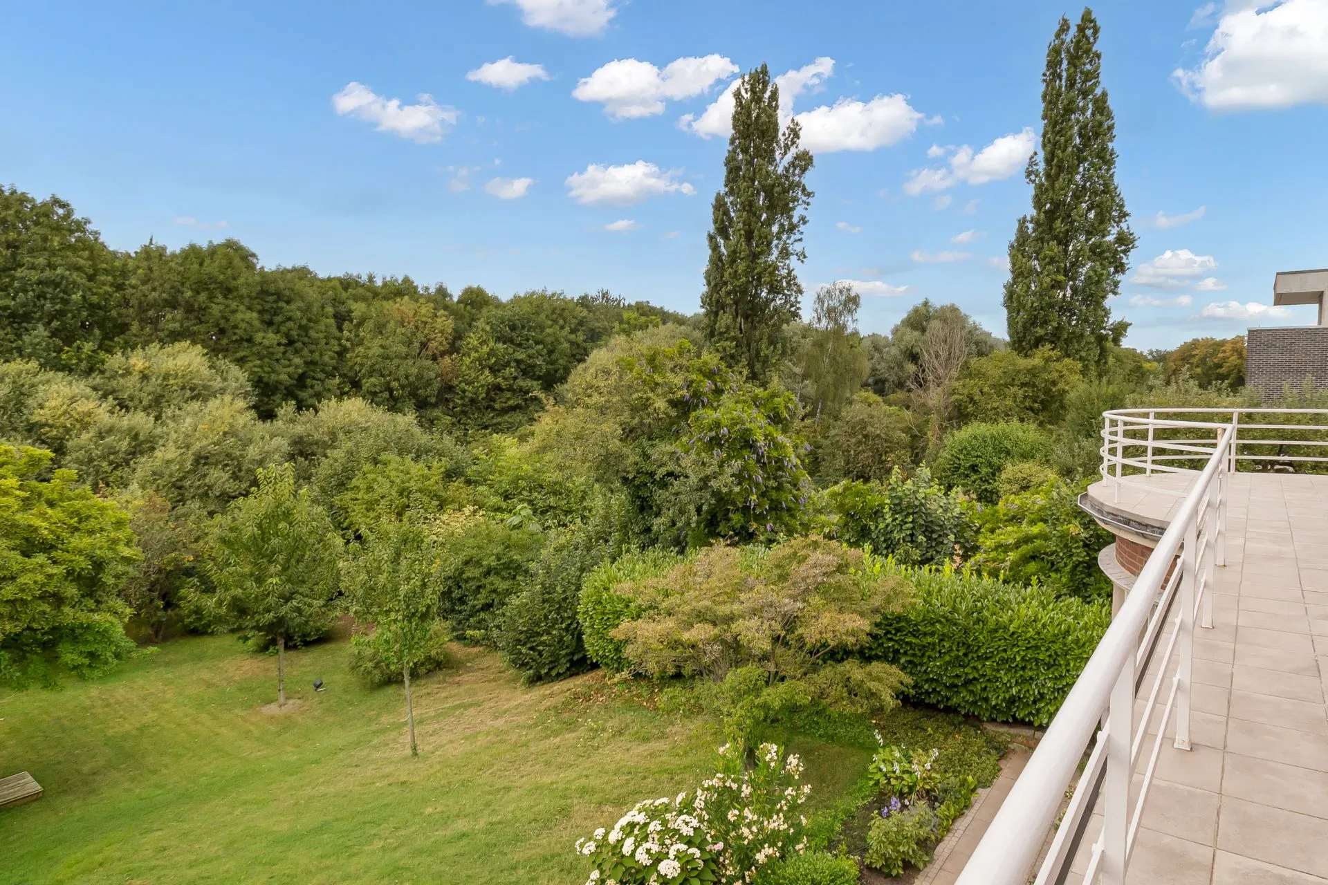 Blick von einem Balkon auf einen großen grünen Garten mit vielen Bäumen und Sträuchern.
