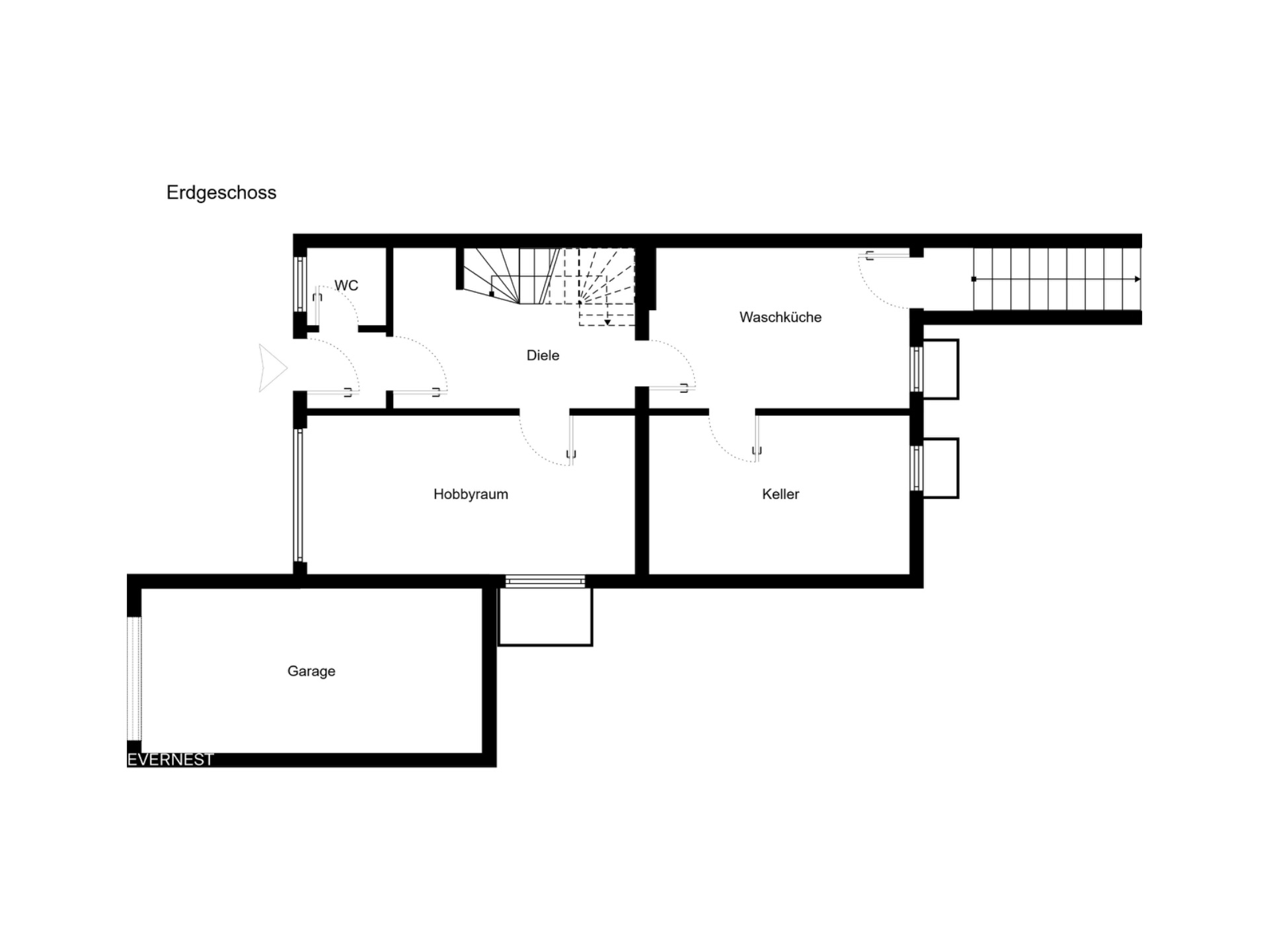 Grundriss des Erdgeschosses mit Garage, Hobbyraum, Keller, Waschküche, WC und Flur.