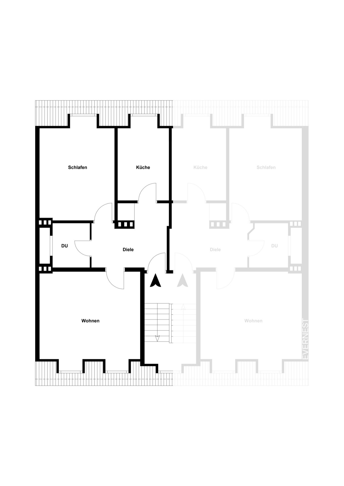 Grundriss einer Wohnung mit Schlaf-, Wohn-, Küchen-, Duschraum und Diele.