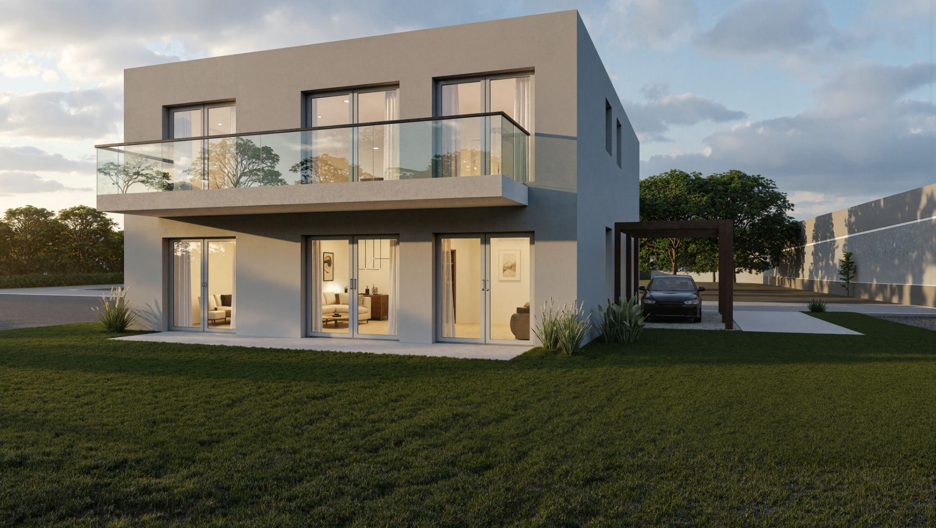 Modernes zweistöckiges Wohnhaus mit großem Balkon und Garten.