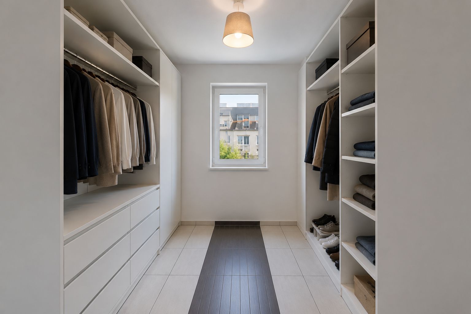 Heller begehbarer Kleiderschrank mit Regalen, Hängern und einem Fenster am Ende.