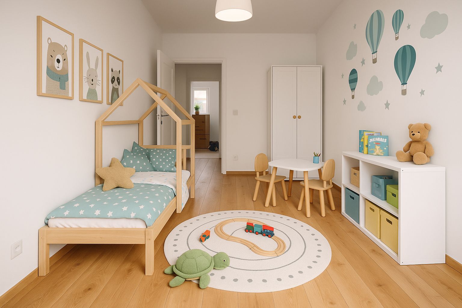 Helles Kinderzimmer mit Holzbett, Teppich, Spielzeug, Wandbildern und Heißluftballon-Dekoration.