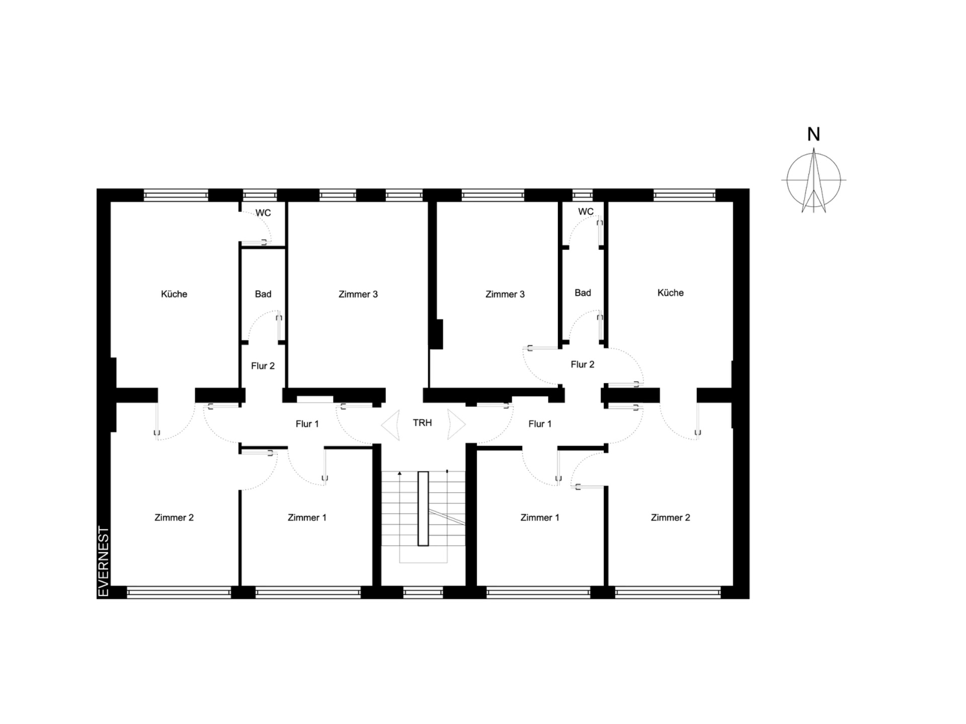Grundriss einer Wohnung mit mehreren Zimmern, zwei Küchen, Bädern und Fluren.