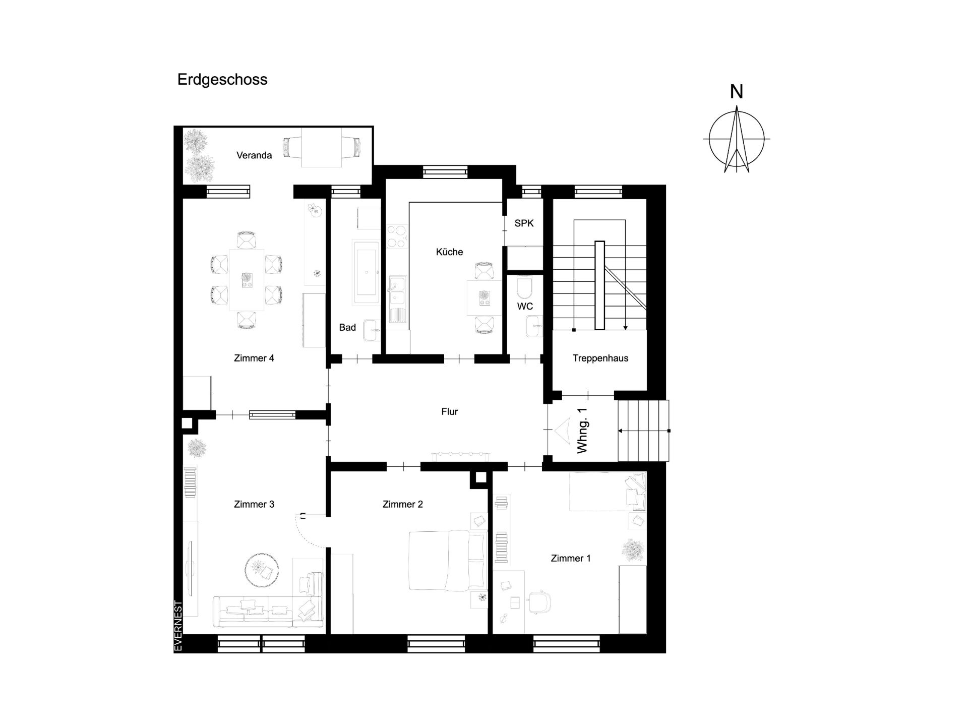 Grundriss des Erdgeschosses mit vier Zimmern, Küche, Bad, WC, Flur, Treppenhaus und Veranda.