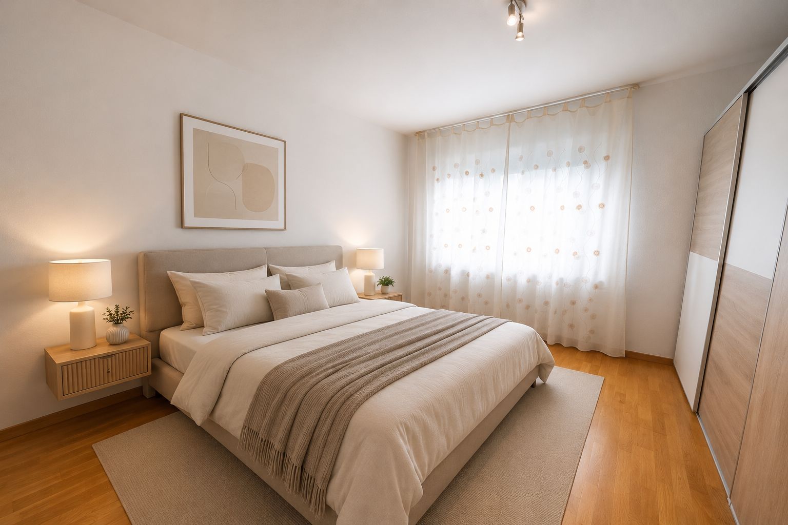 Helles Schlafzimmer mit Doppelbett, Nachttischen, Lampen und großem Fenster mit Gardinen.
