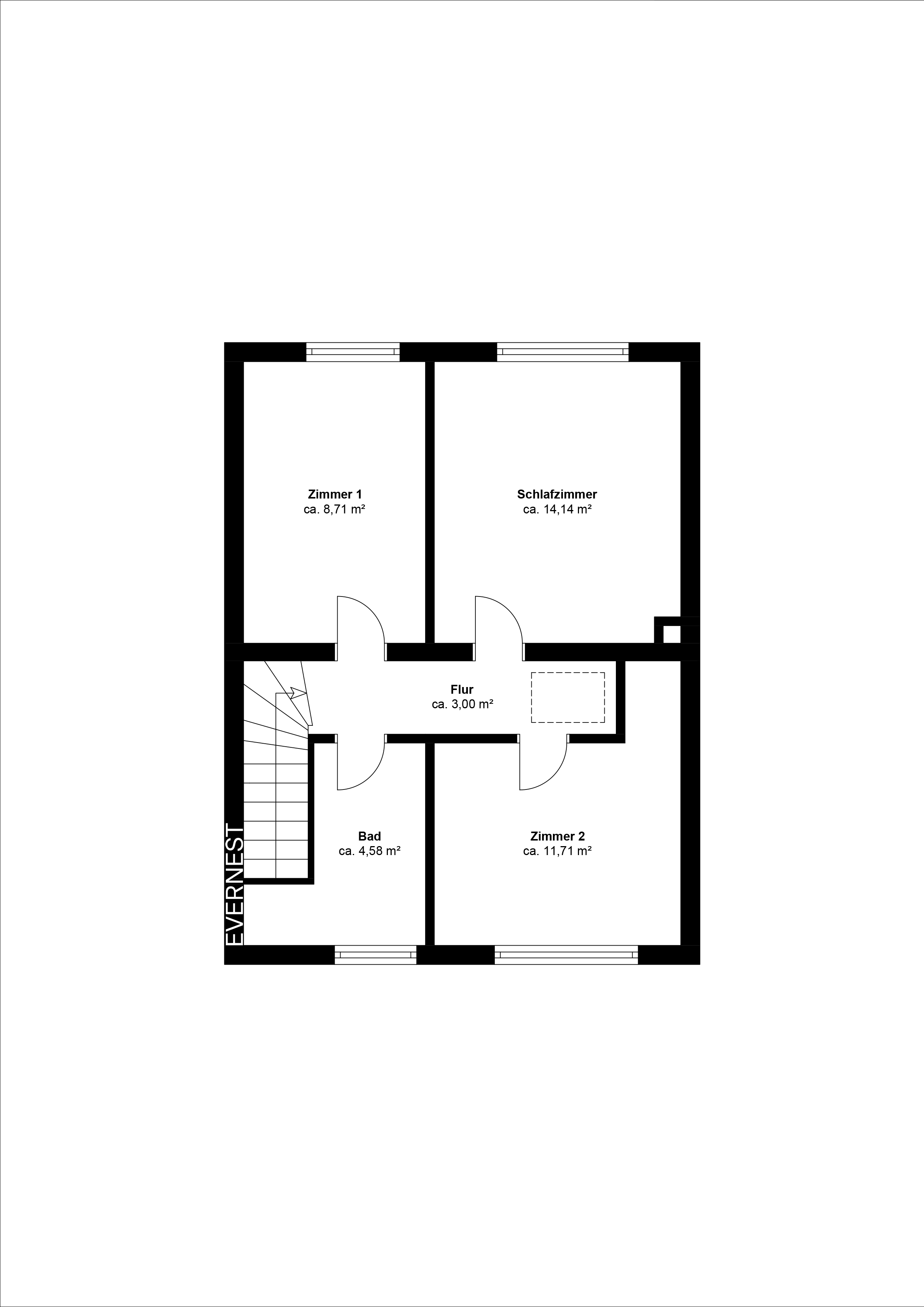 Grundriss mit Flur, Bad, Zimmer 1, Zimmer 2 und Schlafzimmer, jeweils mit Größenangaben.