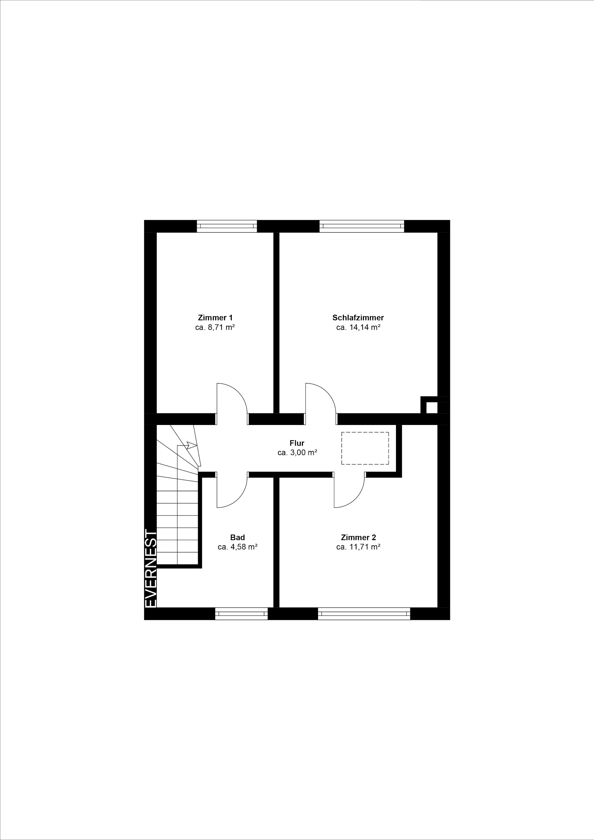 Grundriss mit Flur, Bad, Zimmer 1, Zimmer 2 und Schlafzimmer, jeweils mit Größenangaben.
