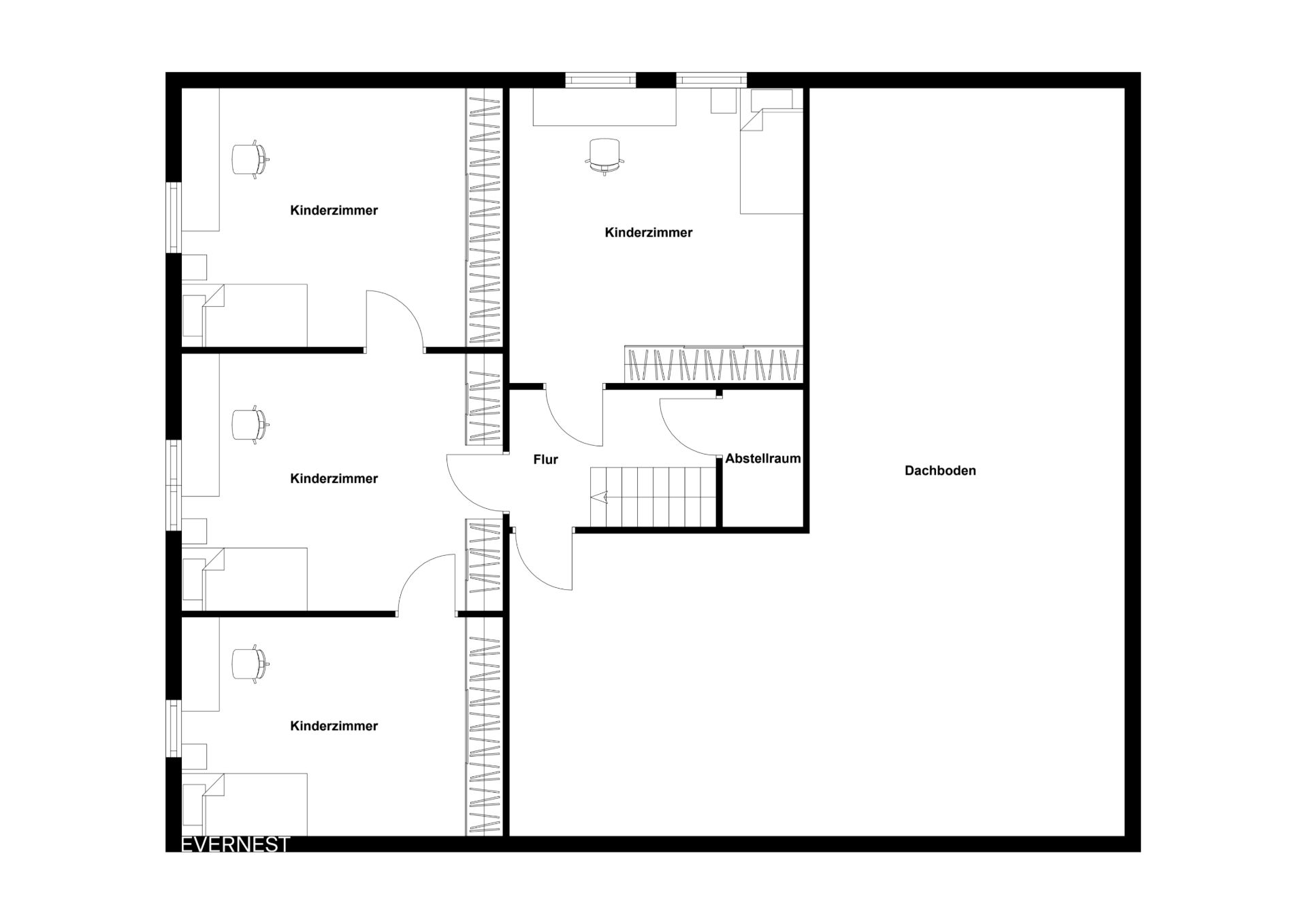 Grundriss mit vier Kinderzimmern, Flur, Abstellraum und großem Dachboden.
