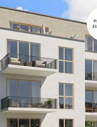 Modernes Wohngebäude mit mehreren Balkonen und großen Fenstern.