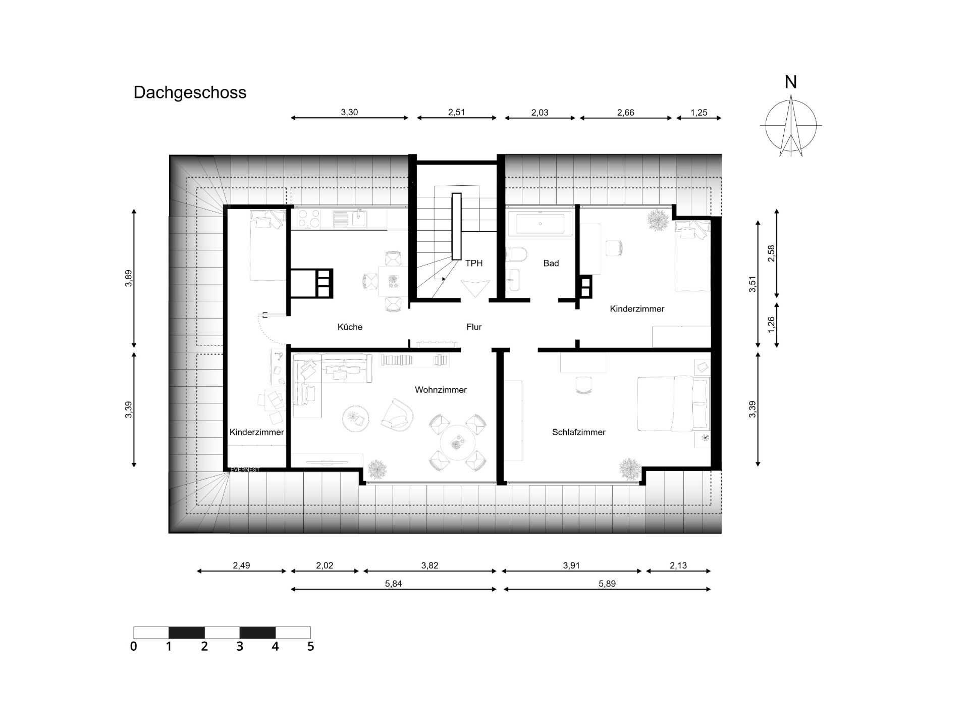 Grundriss des Dachgeschosses mit Küche, Wohnzimmer, Schlafzimmer, Bad und zwei Kinderzimmern.