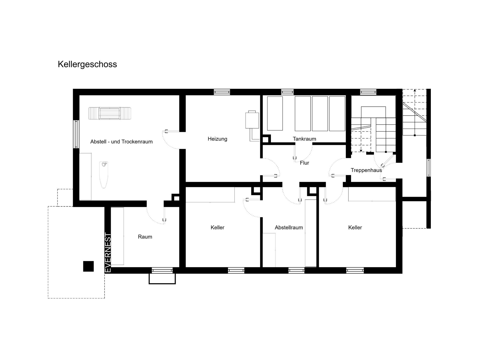 Grundriss eines Kellers mit mehreren Räumen wie Heizung, Keller, Flur und Treppenhaus.