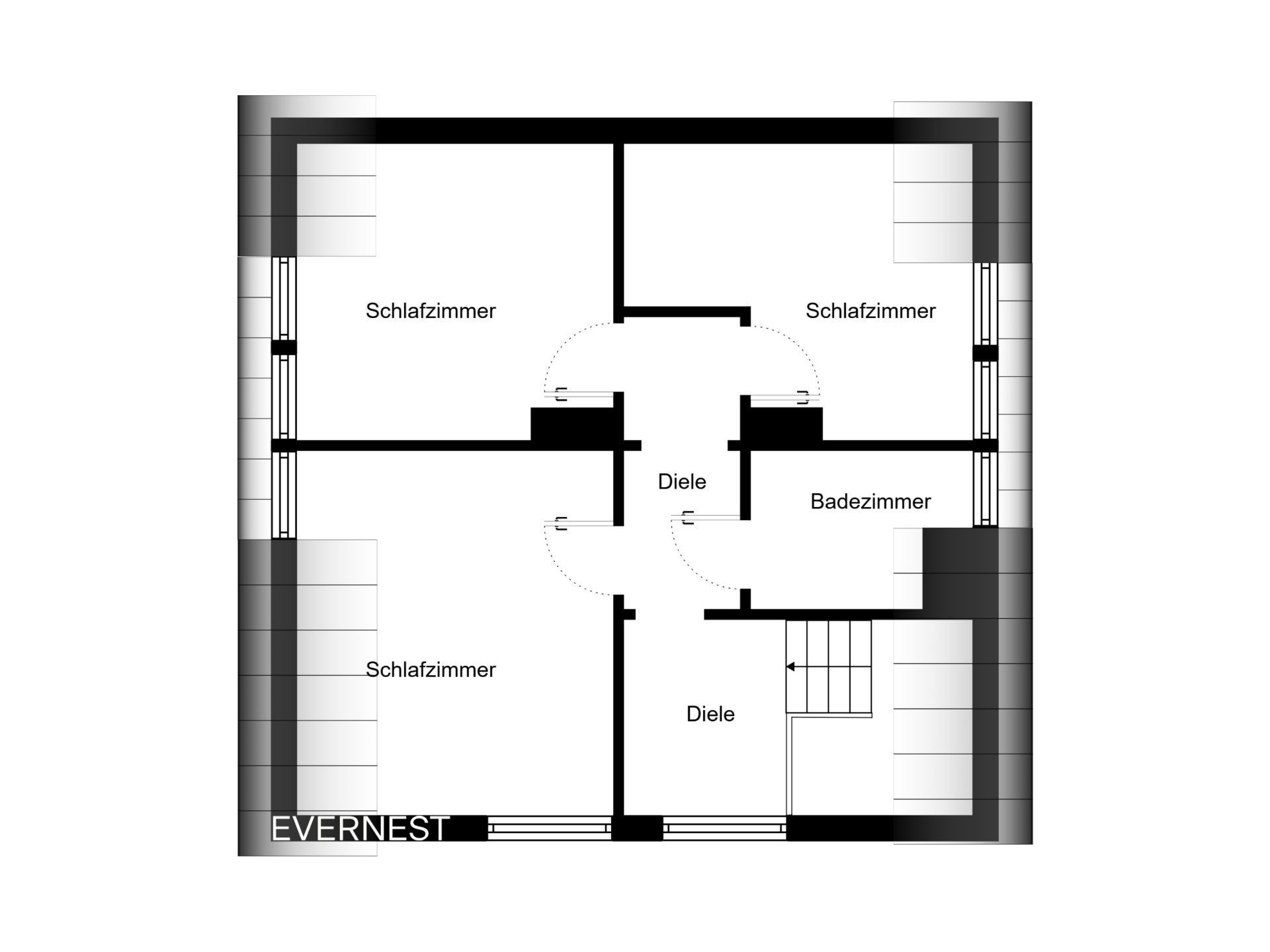 Grundriss mit drei Schlafzimmern, einem Badezimmer, Flur und Treppe.