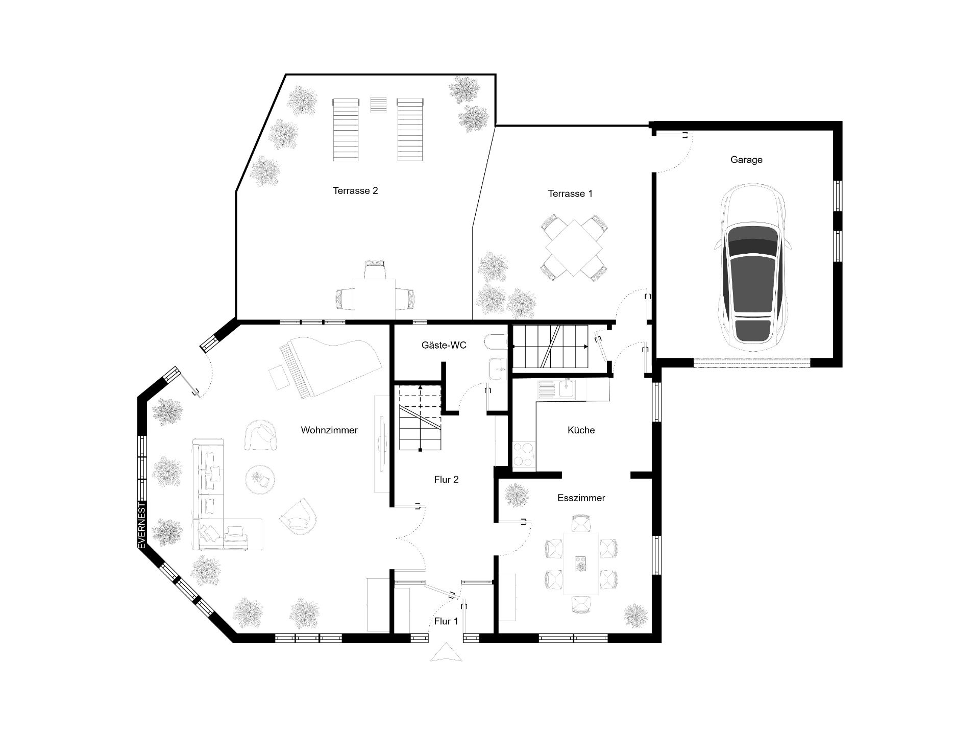 Grundriss eines Hauses mit Wohnzimmer, Esszimmer, Küche, Garage und zwei Terrassen.