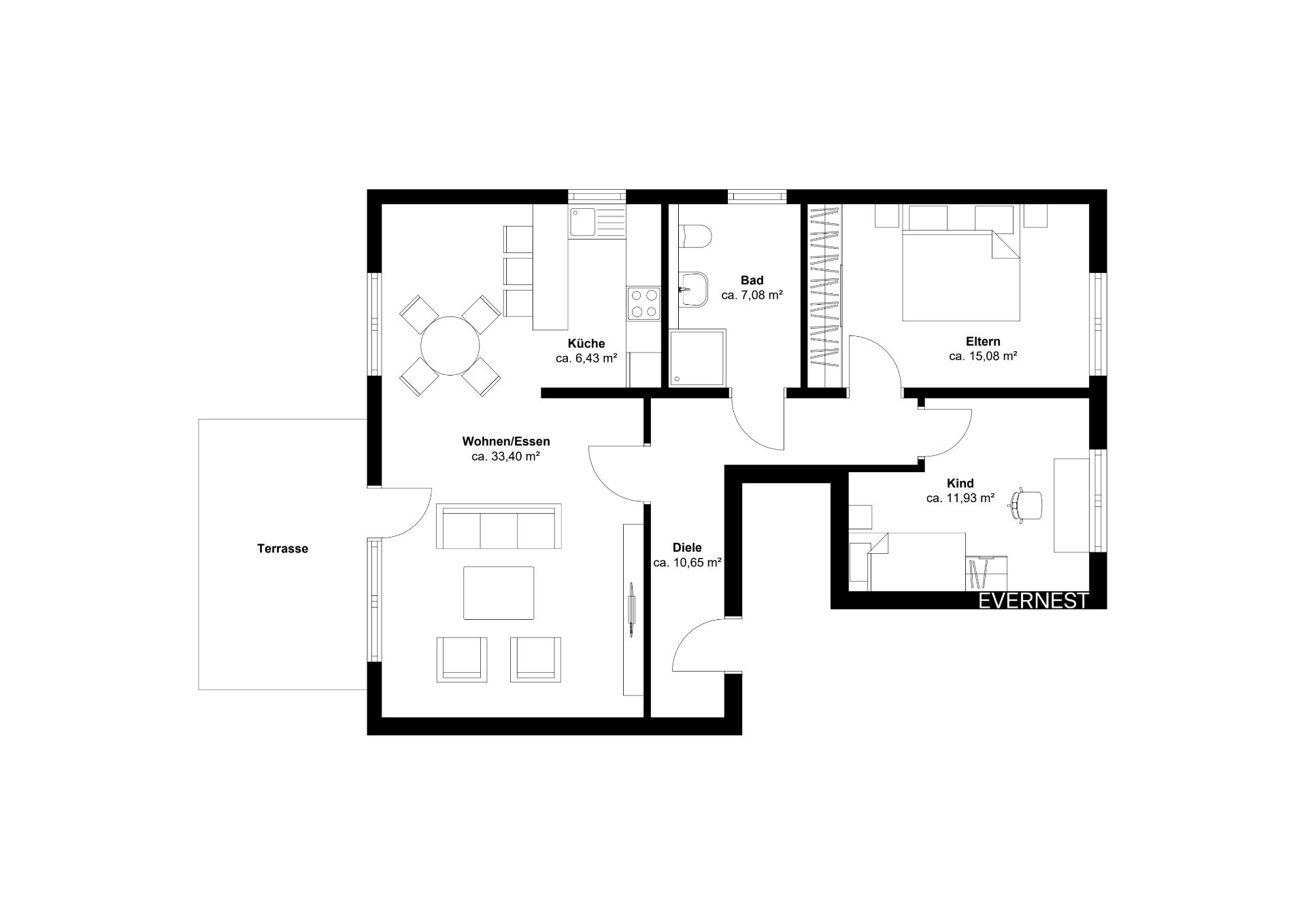 Grundriss einer Wohnung mit Terrasse, Wohnzimmer, Küche, Bad, Schlafzimmer und Kinderzimmer.