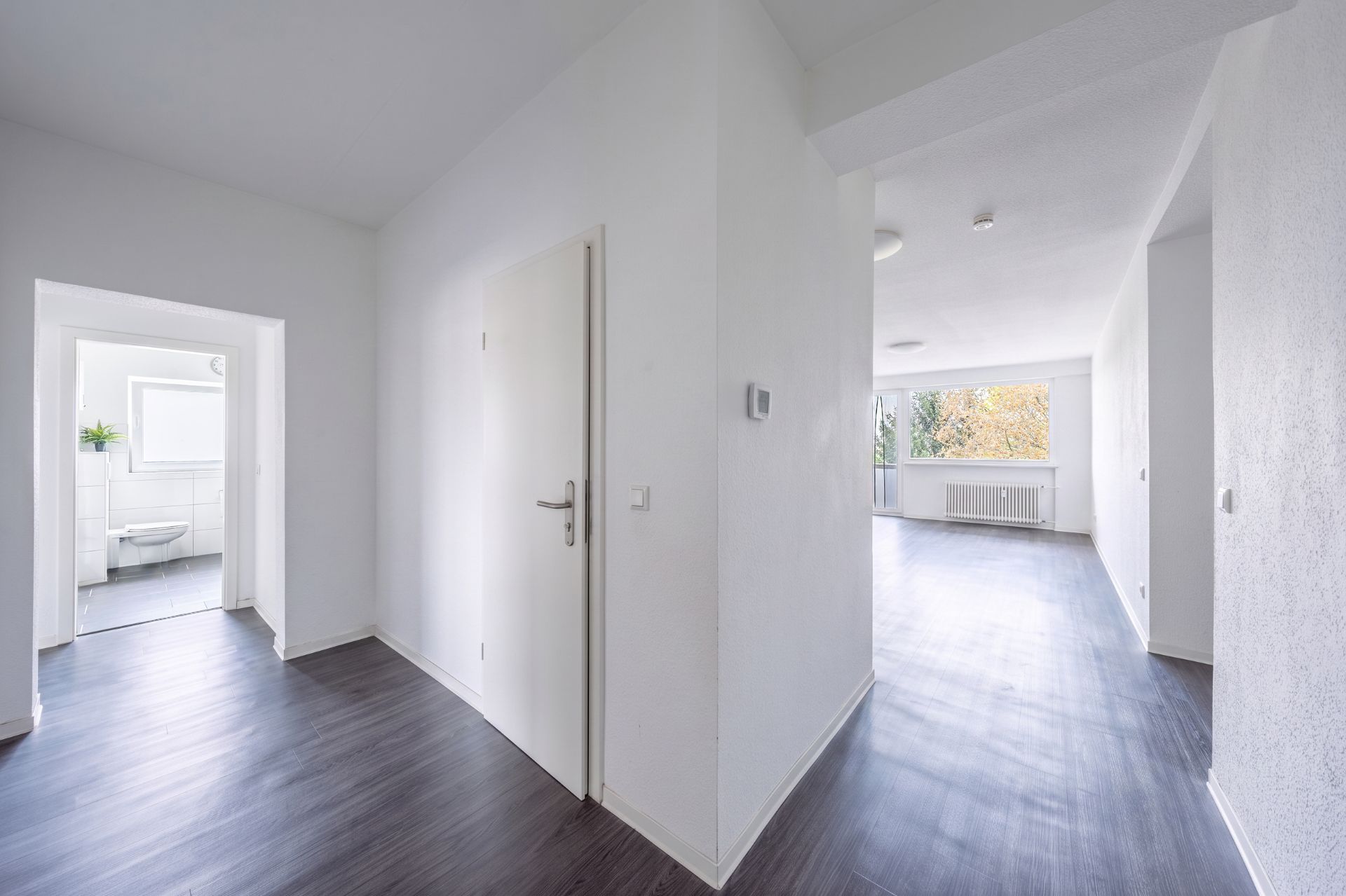 Heller Flur mit dunklem Boden, Zugang zu Badezimmer und Wohnzimmer mit großem Fenster.