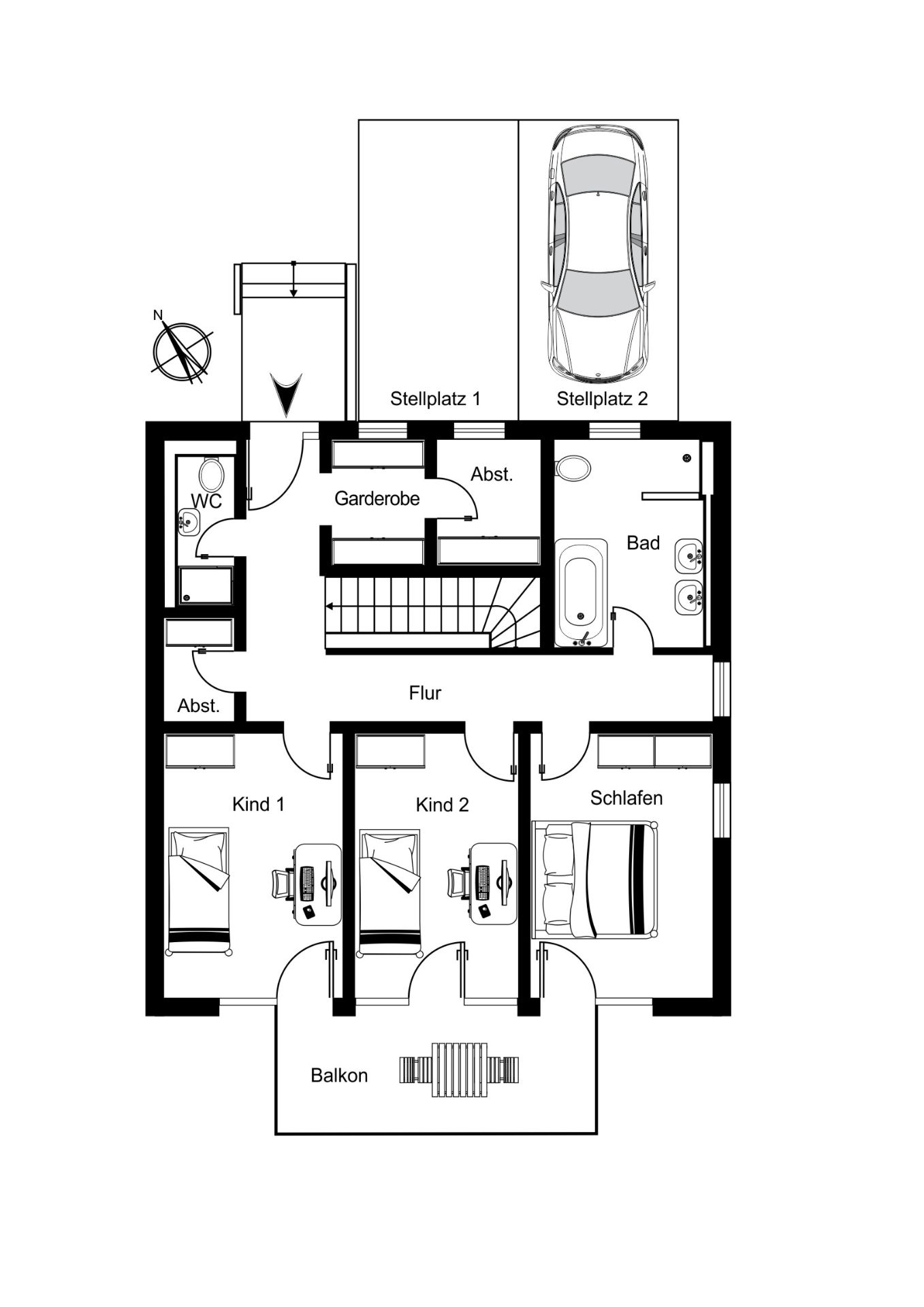 Grundriss mit Schlafzimmer, zwei Kinderzimmern, Bad, WC, Flur, Garderobe und Balkon.