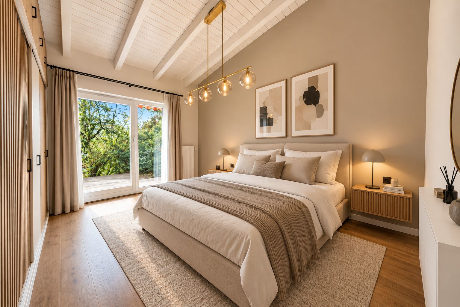 Helles Schlafzimmer mit Doppelbett, Holzboden, großen Fenstern und moderner Dekoration.