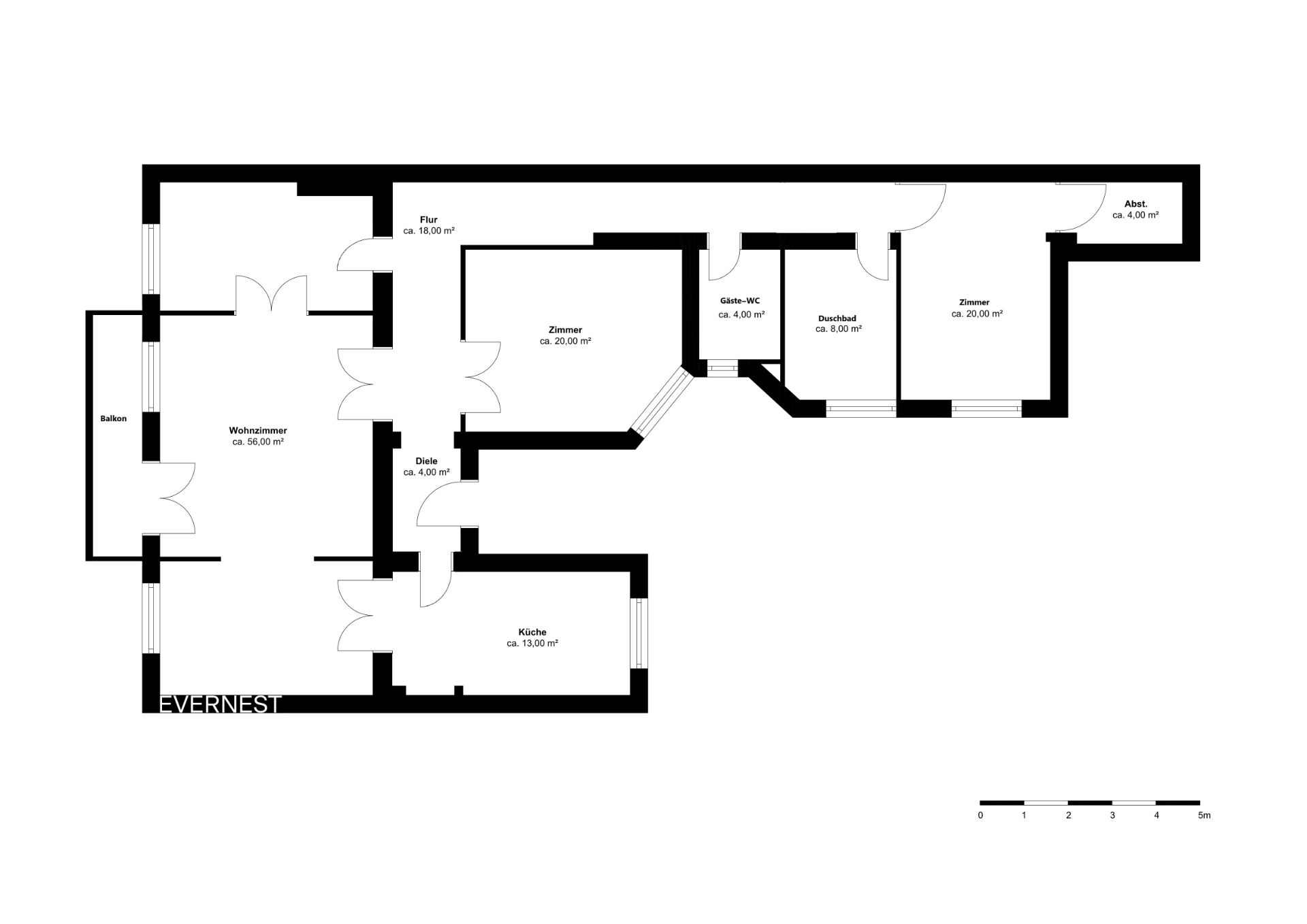 Grundriss einer Wohnung mit Wohnzimmer, Küche, zwei Zimmern, Bad, Flur und Abstellraum.