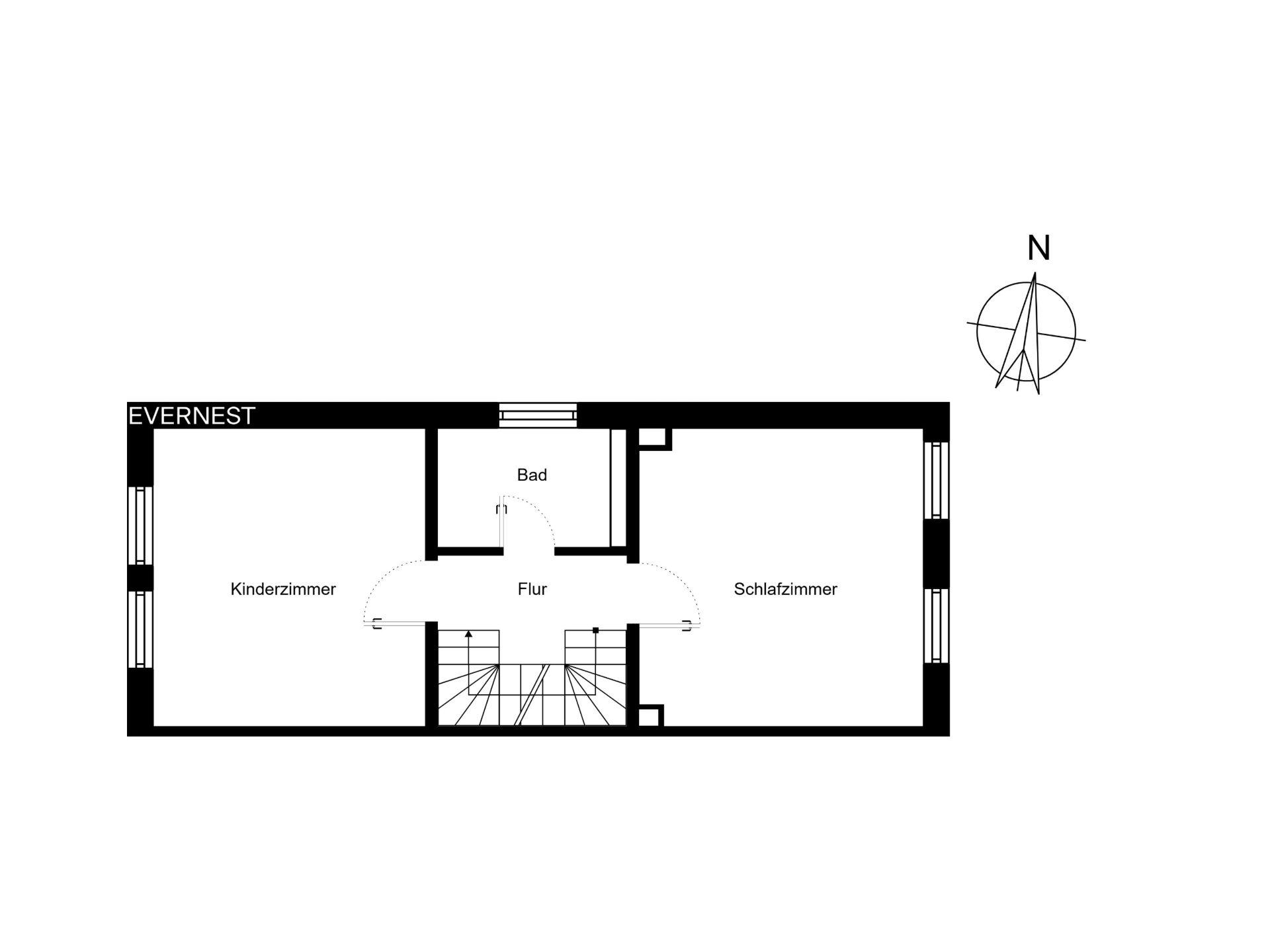 Grundriss mit Kinderzimmer, Schlafzimmer, Flur, Bad und Treppe.