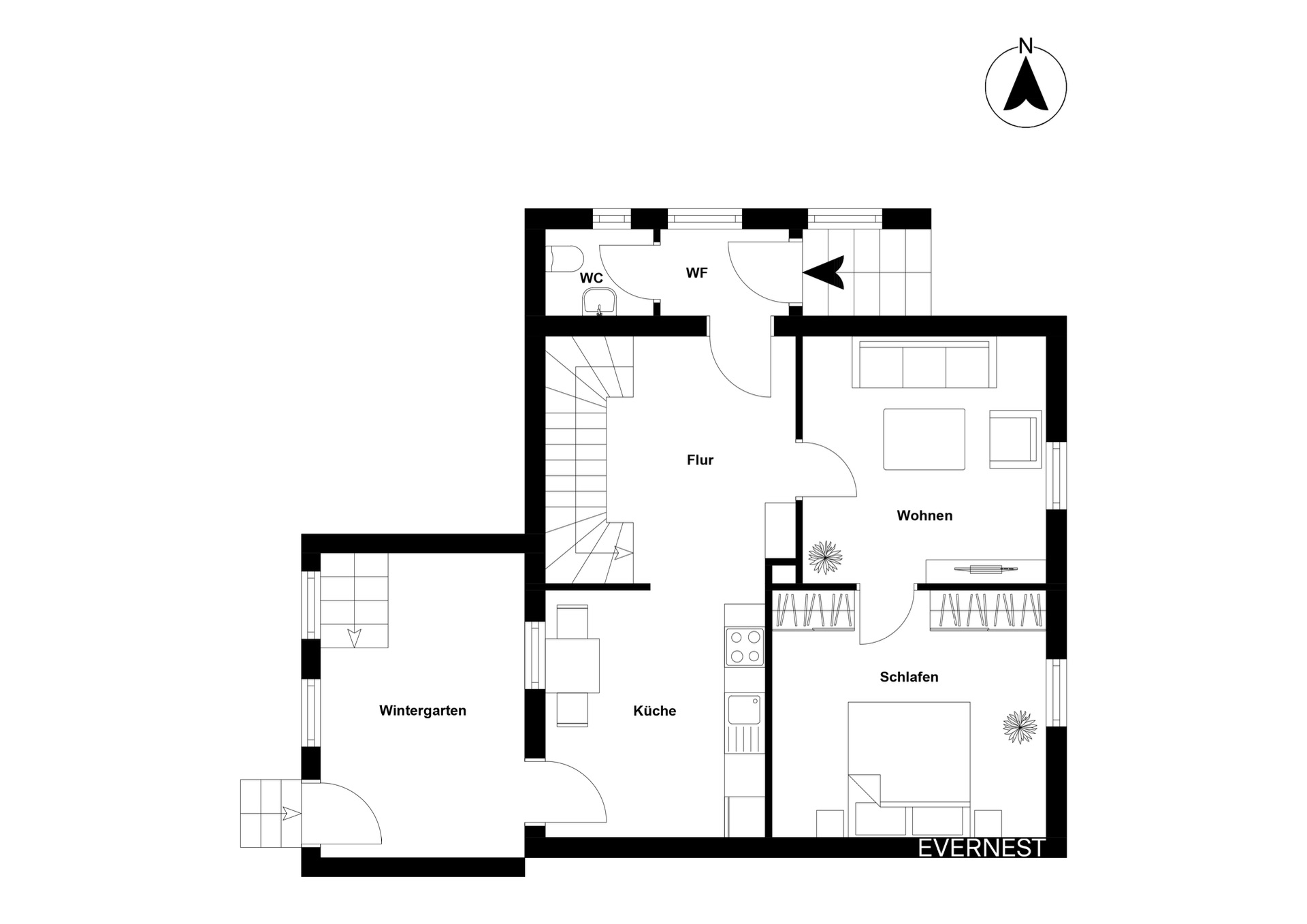 Grundriss mit Wintergarten, Küche, Flur, Wohnzimmer, Schlafzimmer, WC und Wirtschaftsraum.