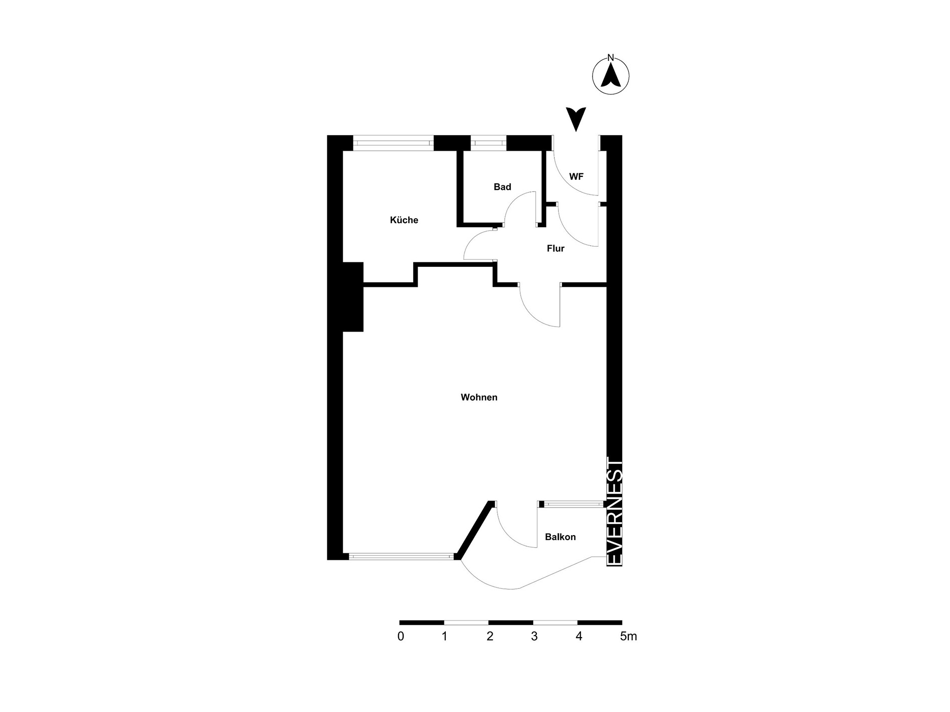 Grundriss einer Wohnung mit Küche, Bad, Flur, Wohnen und Balkon.
