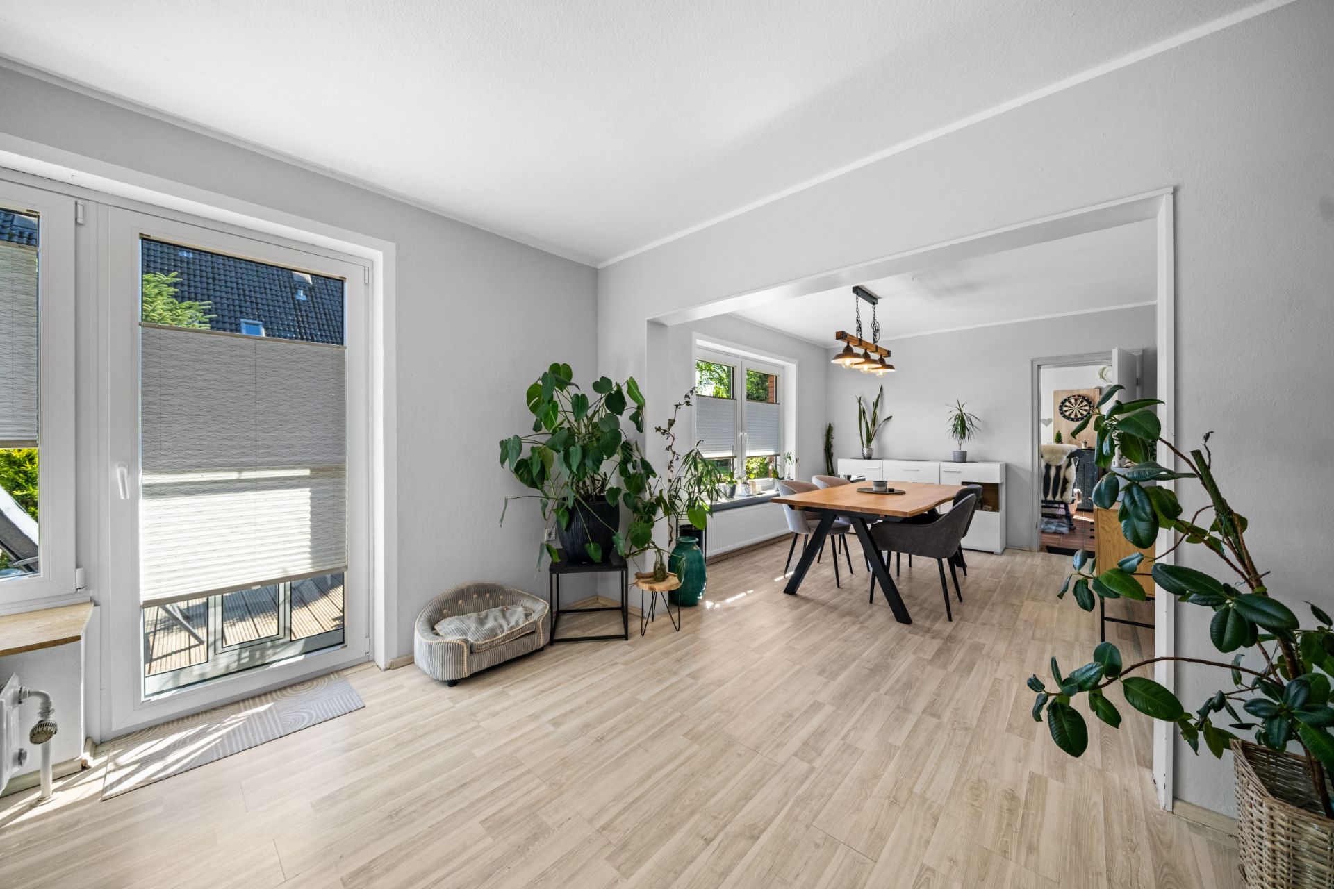 Helles Wohnzimmer mit Holzboden, großen Fenstern, Pflanzen und einem Esstisch mit Stühlen.