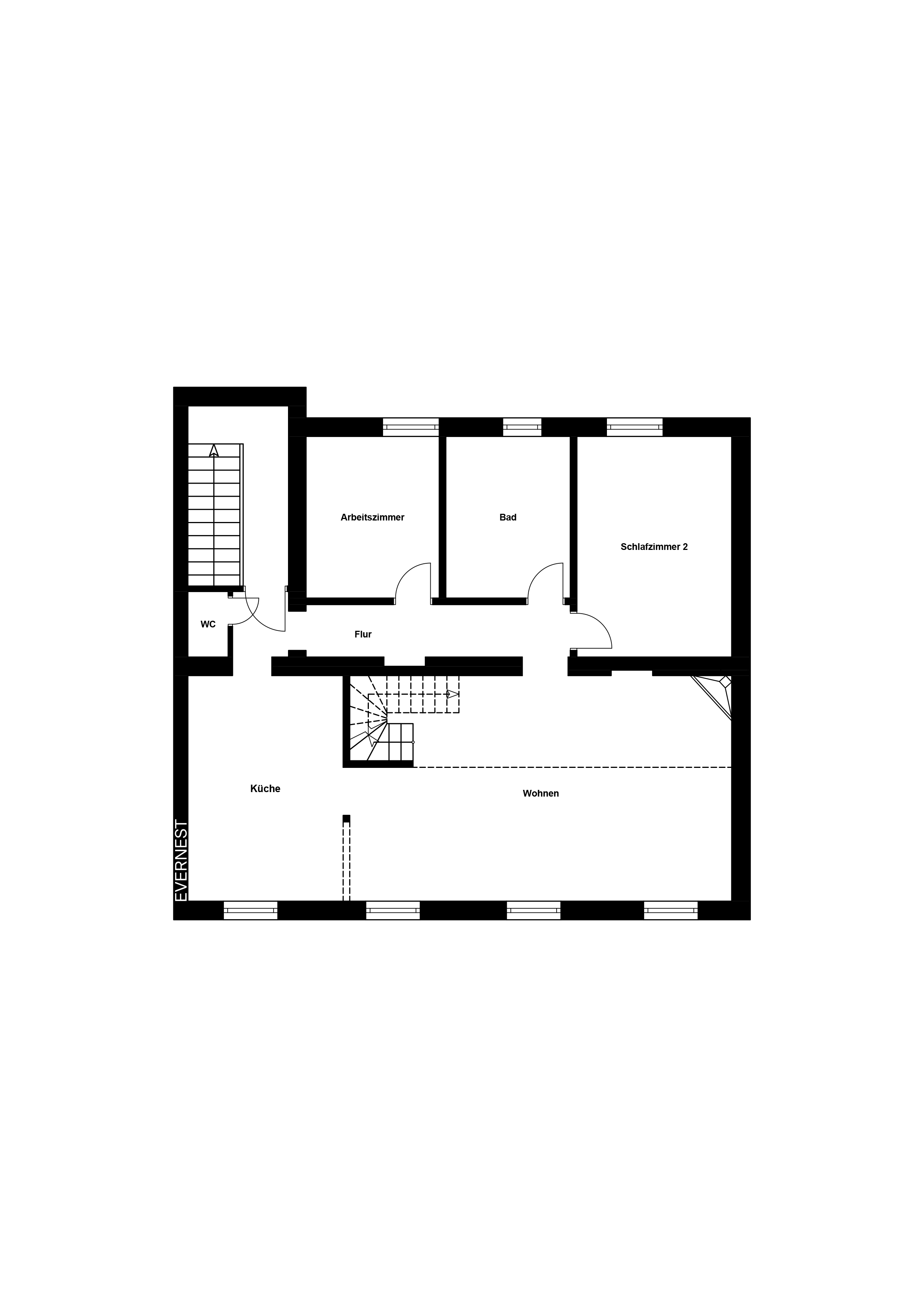 Grundriss mit Küche, Wohnzimmer, Bad, Arbeitszimmer, Schlafzimmer, WC und Flur.