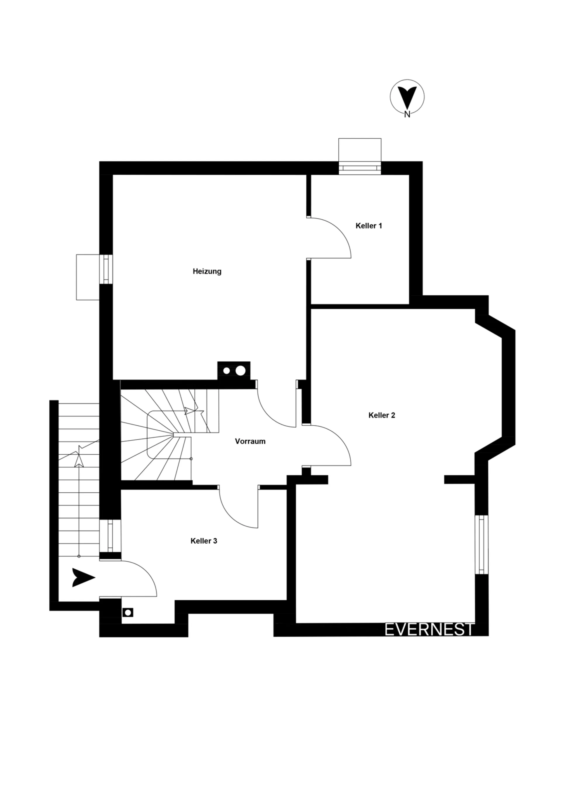 Grundriss eines Kellers mit drei Kellerräumen, Heizungsraum und Vorraum.