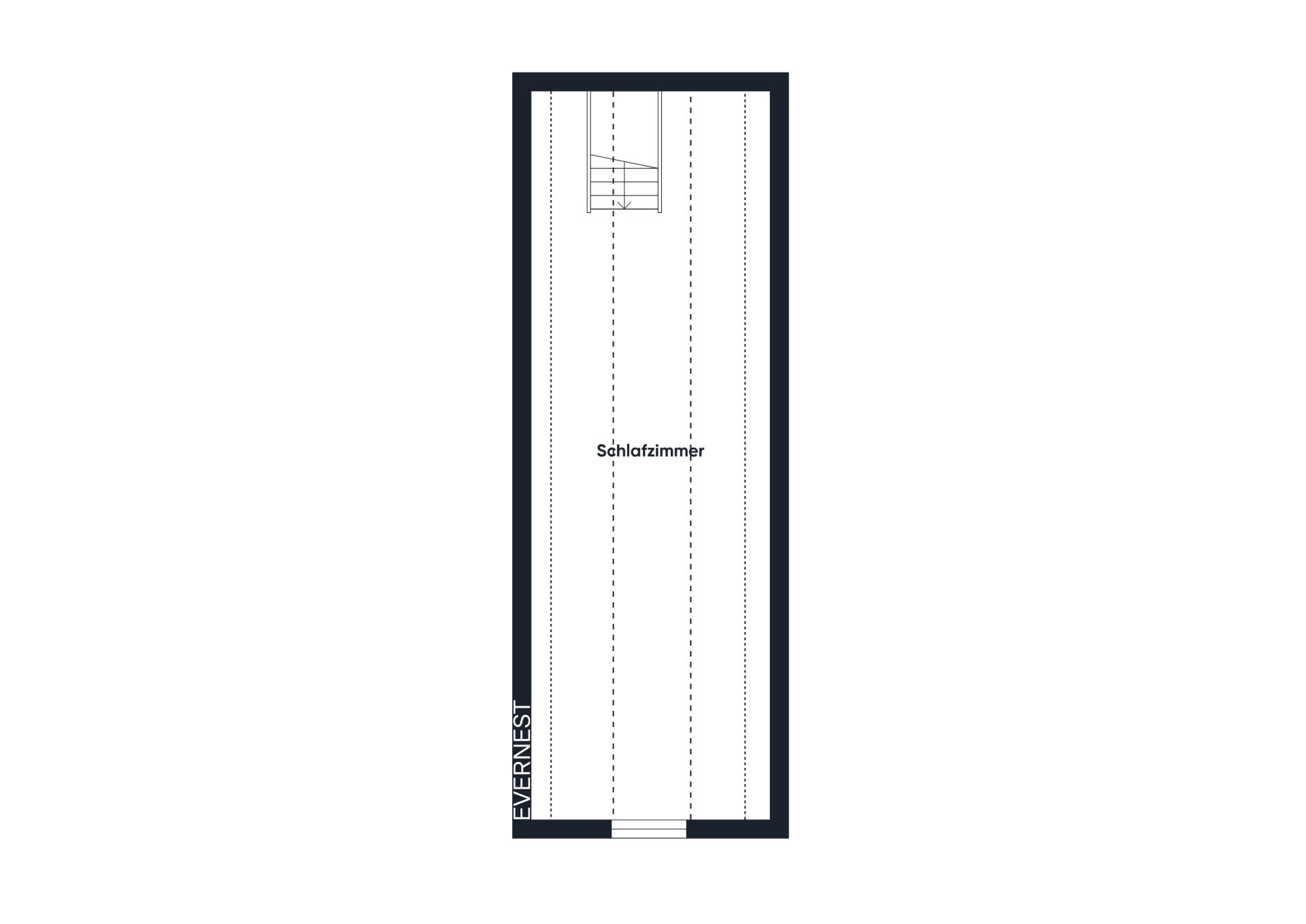 Grundriss eines rechteckigen Schlafzimmers mit Treppe in einer Ecke.