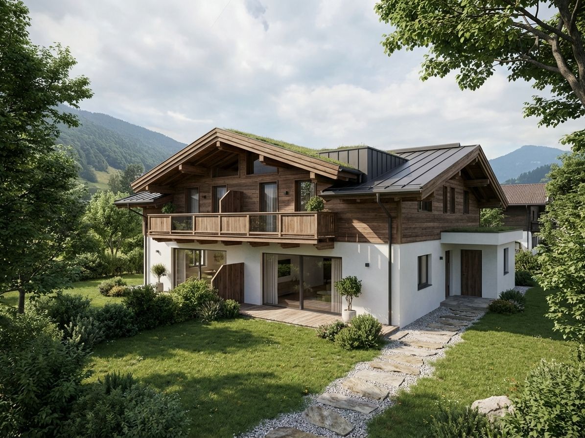 Modernes zweistöckiges Haus mit Holzbalkon und Garten, umgeben von Bäumen und Bergen.