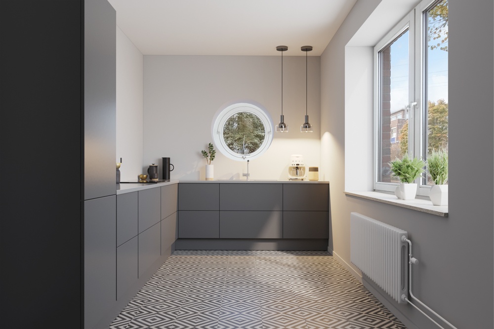 Moderne Küche mit grauen Schränken, gemustertem Boden und großem Fenster mit Pflanzen.