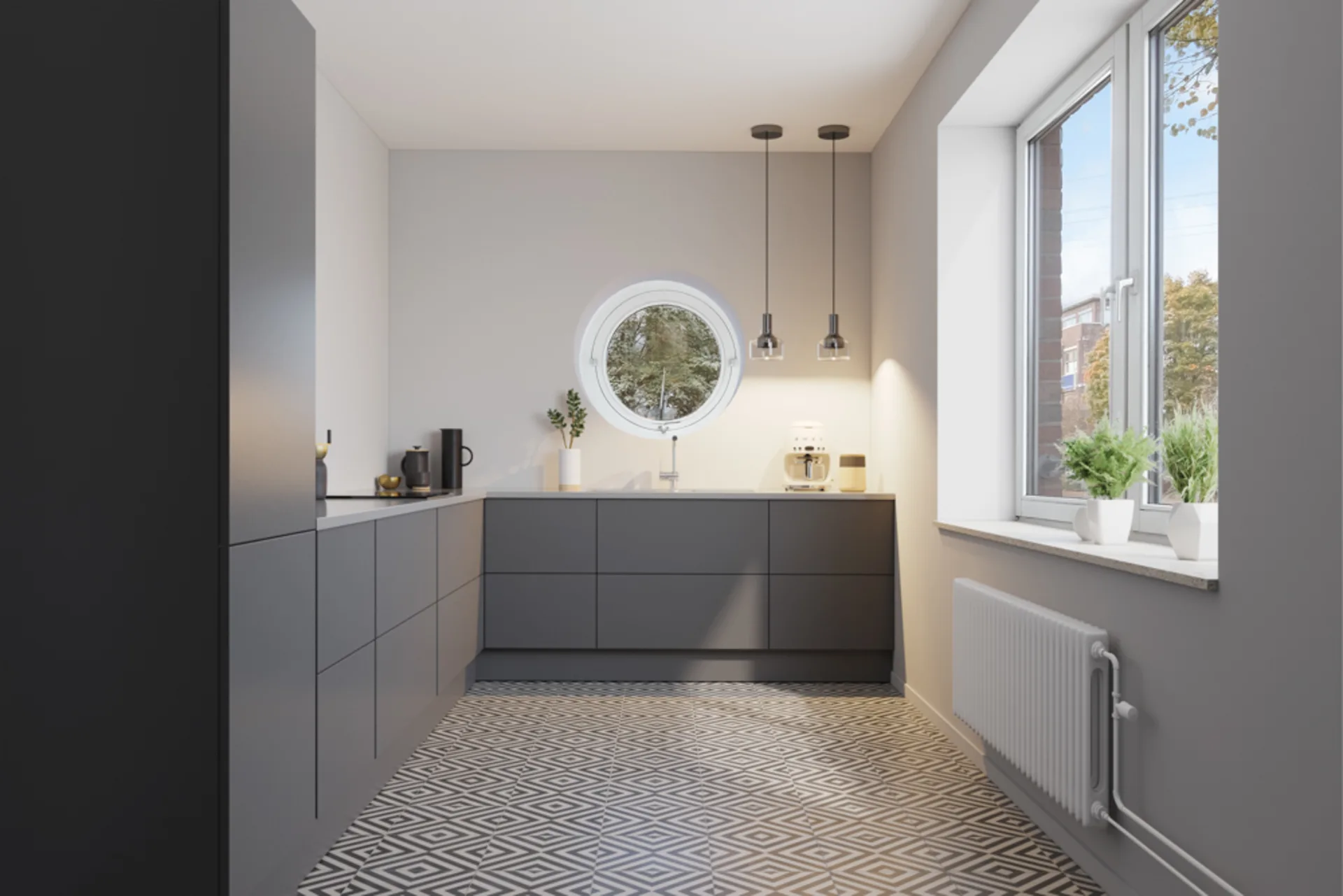 Moderne Küche mit grauen Schränken, gemustertem Boden und großem Fenster mit Pflanzen.