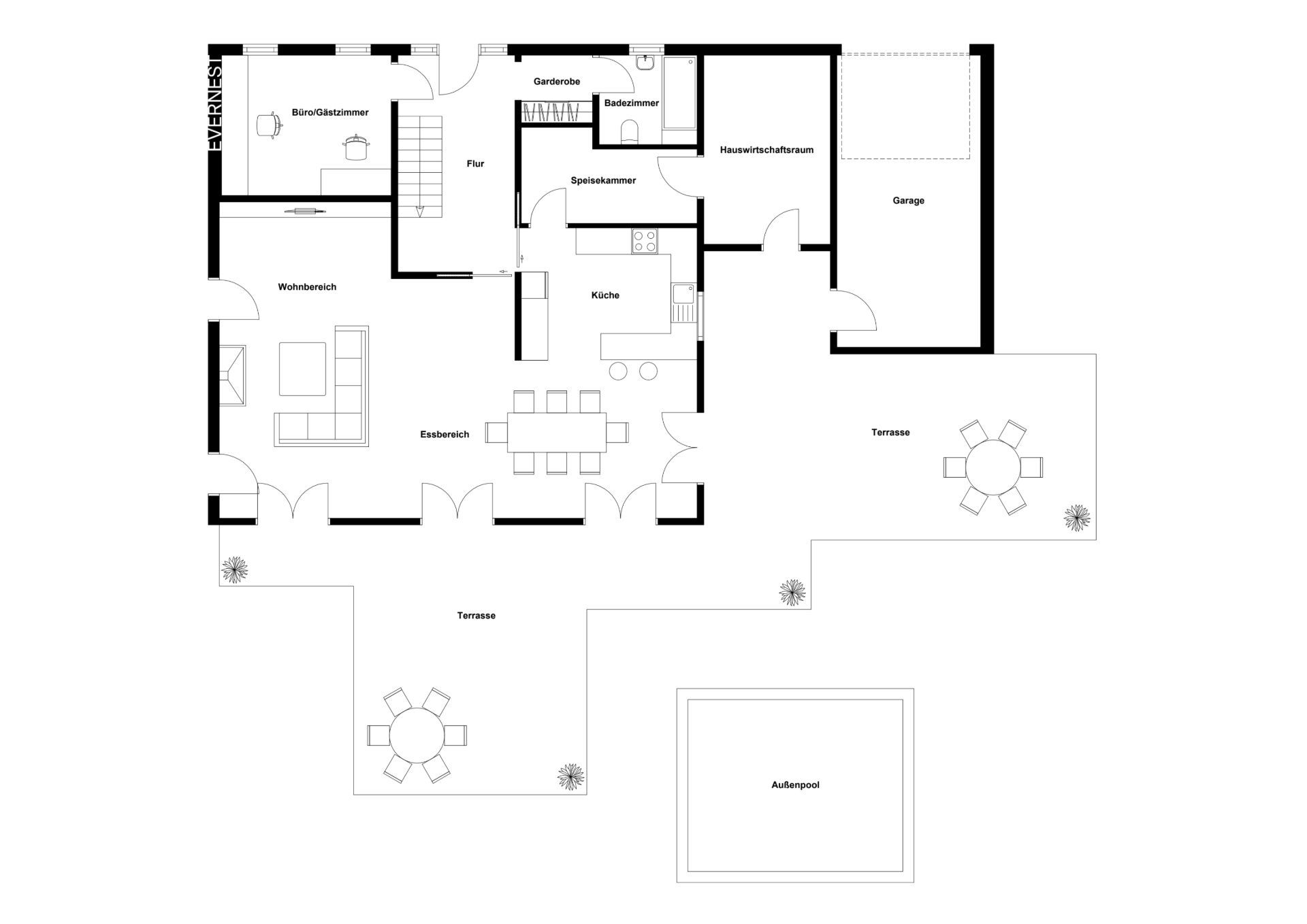 Grundriss eines Hauses mit Wohnbereich, Küche, Büro, Garage, Terrasse und Außenpool.