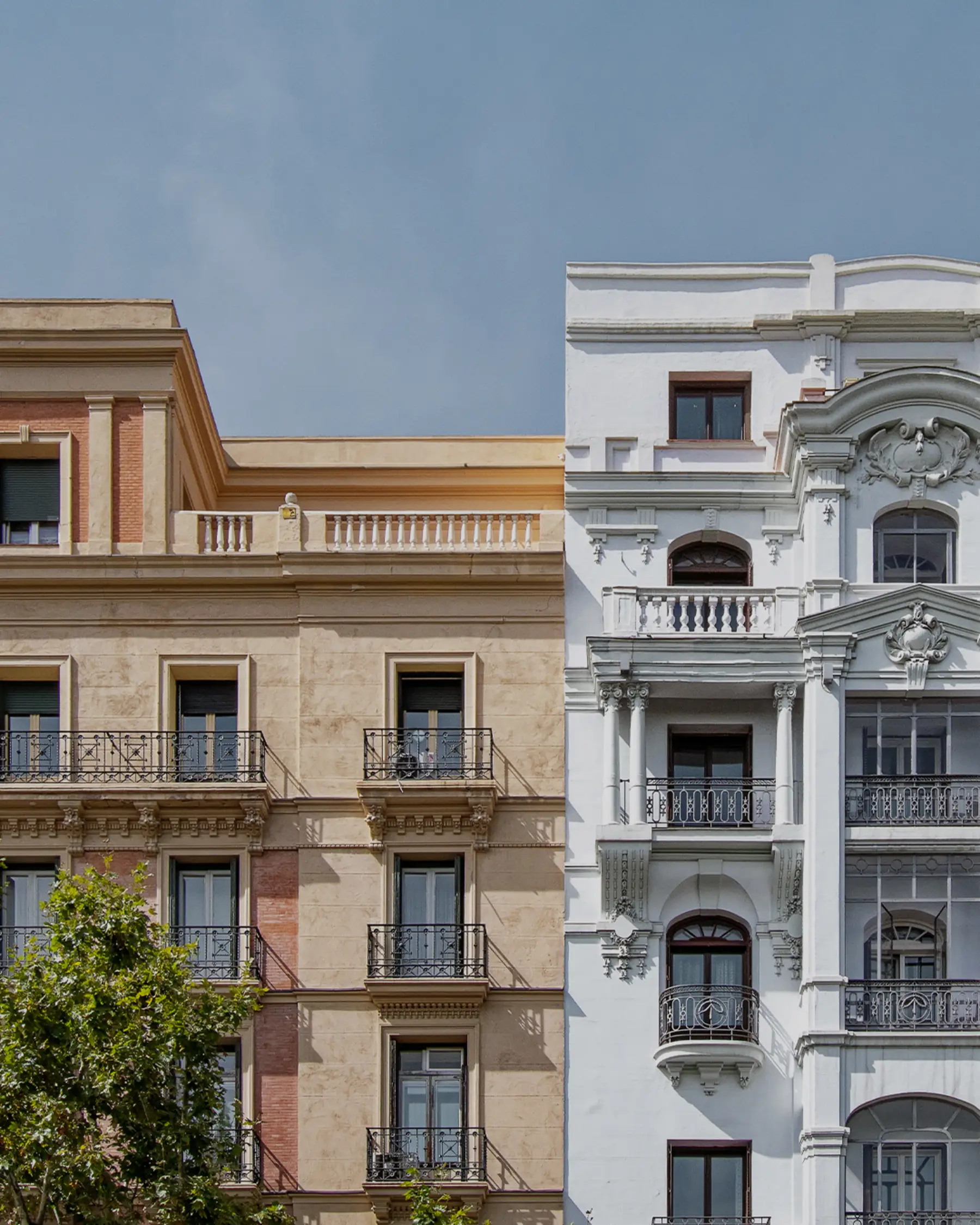 Zwei angrenzende Wohngebäude mit Balkonen und dekorativen Fassaden, Bäume im Vordergrund.