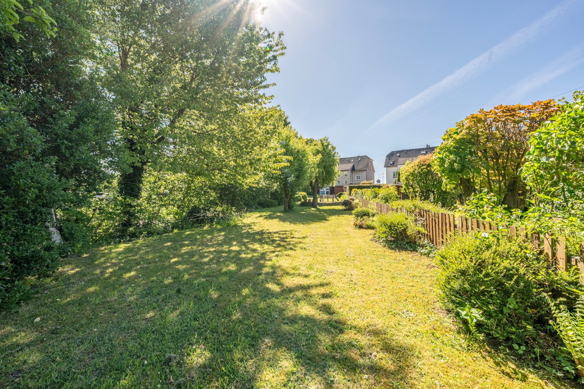 Großer sonniger Garten mit Rasen, Bäumen und Zaun, im Hintergrund Wohnhäuser.
