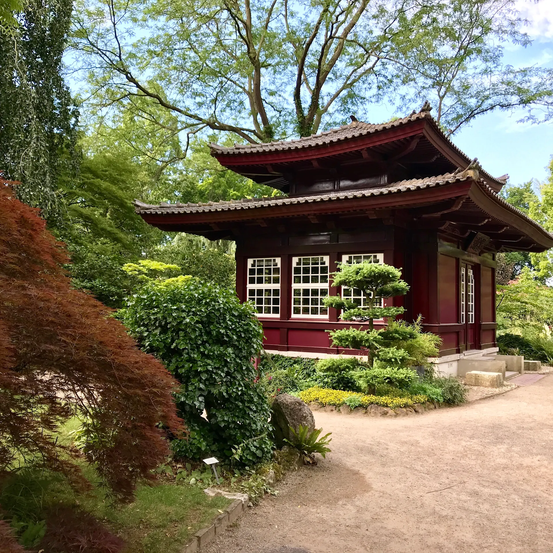 Rotes asiatisches Gartenhaus mit Pavillondach, umgeben von Gartenpflanzen und Bäumen.