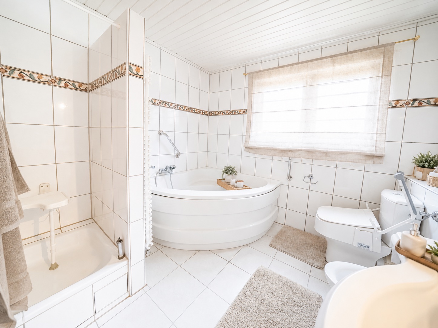 Helles Badezimmer mit Eckbadewanne, Dusche, Toilette und großem Fenster mit Vorhang.