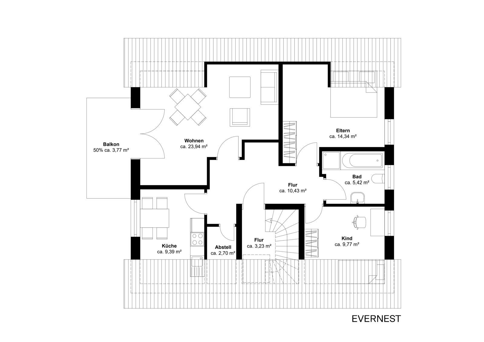 Grundriss einer Wohnung mit Balkon, Wohnzimmer, Küche, Bad, Eltern- und Kinderzimmer.