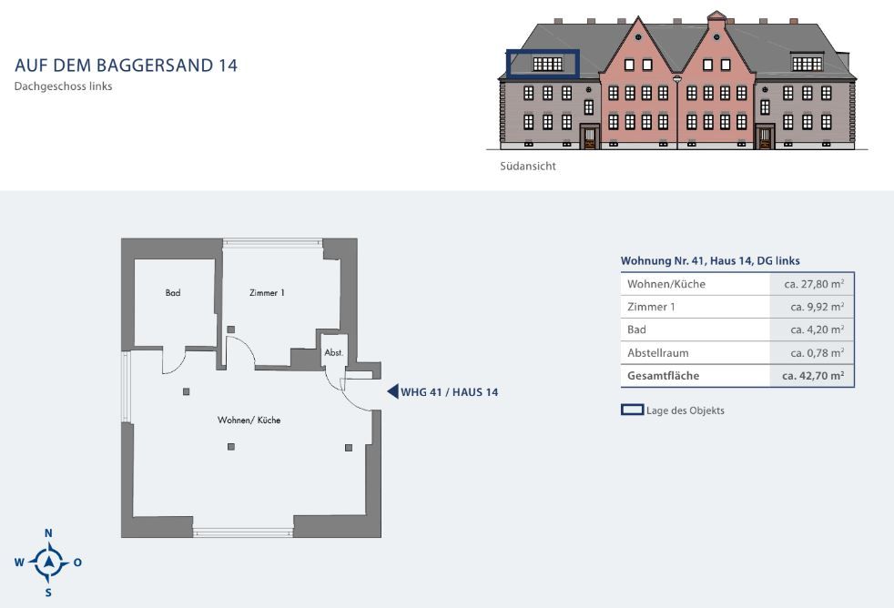 Wohnungsgrundriss mit Wohnküche, Bad, Zimmer, Abstellraum und markiertem Eingang oben links im Gebäude.