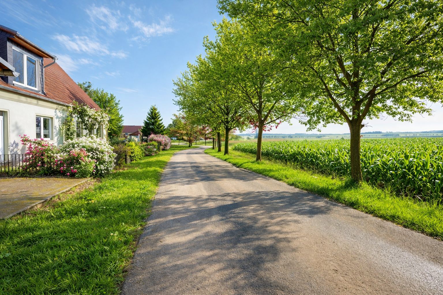Haus mit Garten neben einer von Bäumen gesäumten Straße und Feldern unter blauem Himmel.