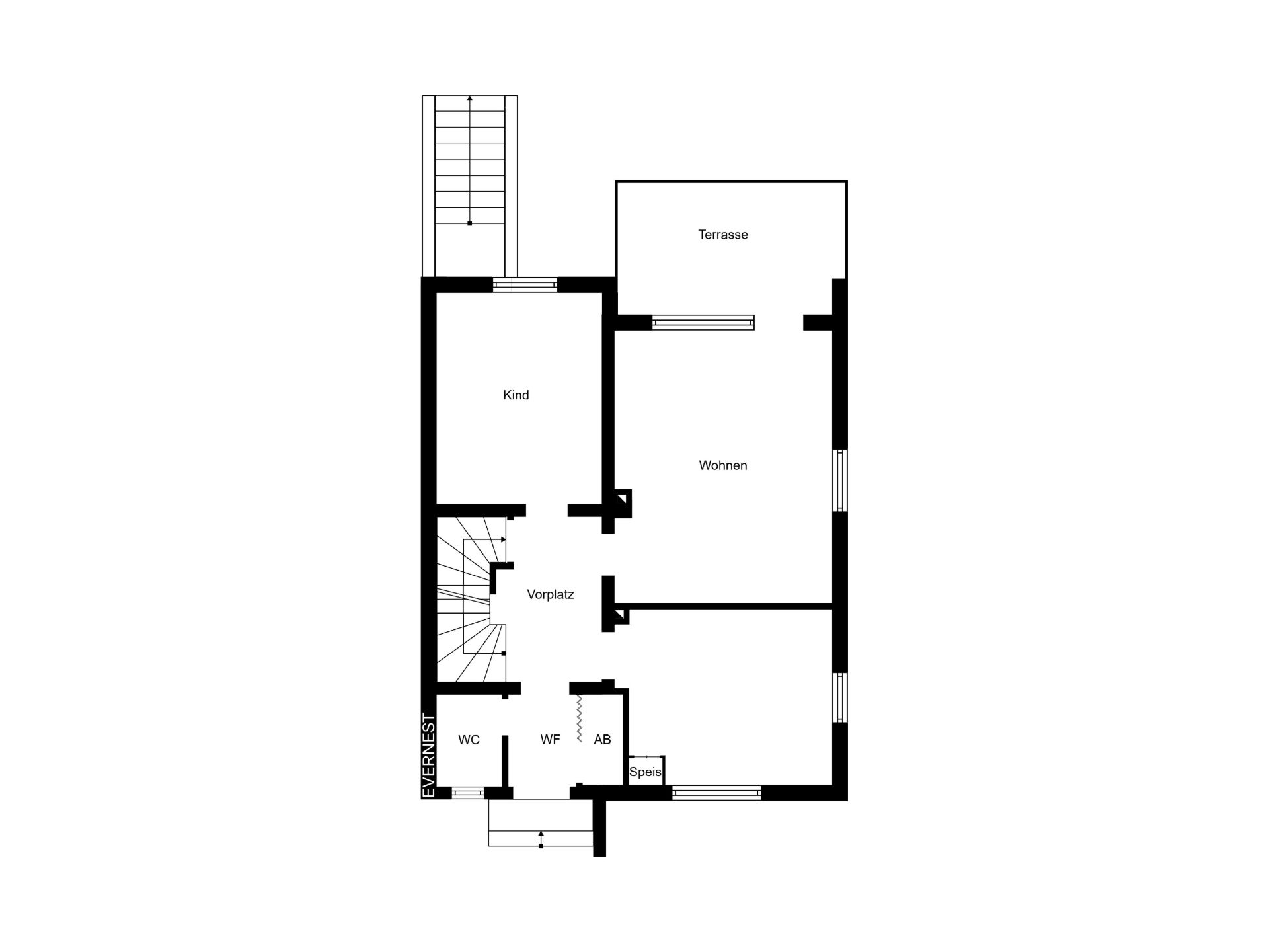Grundriss mit Zimmern: Kind, Wohnen, Vorplatz, WC, WF, AB, Spiel, Terrasse.