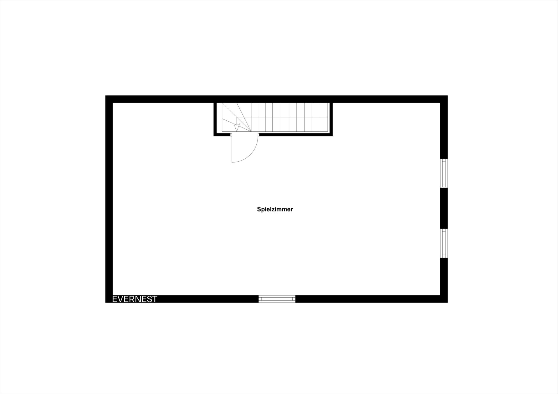 Grundriss eines Zimmers mit der Beschriftung 'Spielzimmer' und einer Treppe.