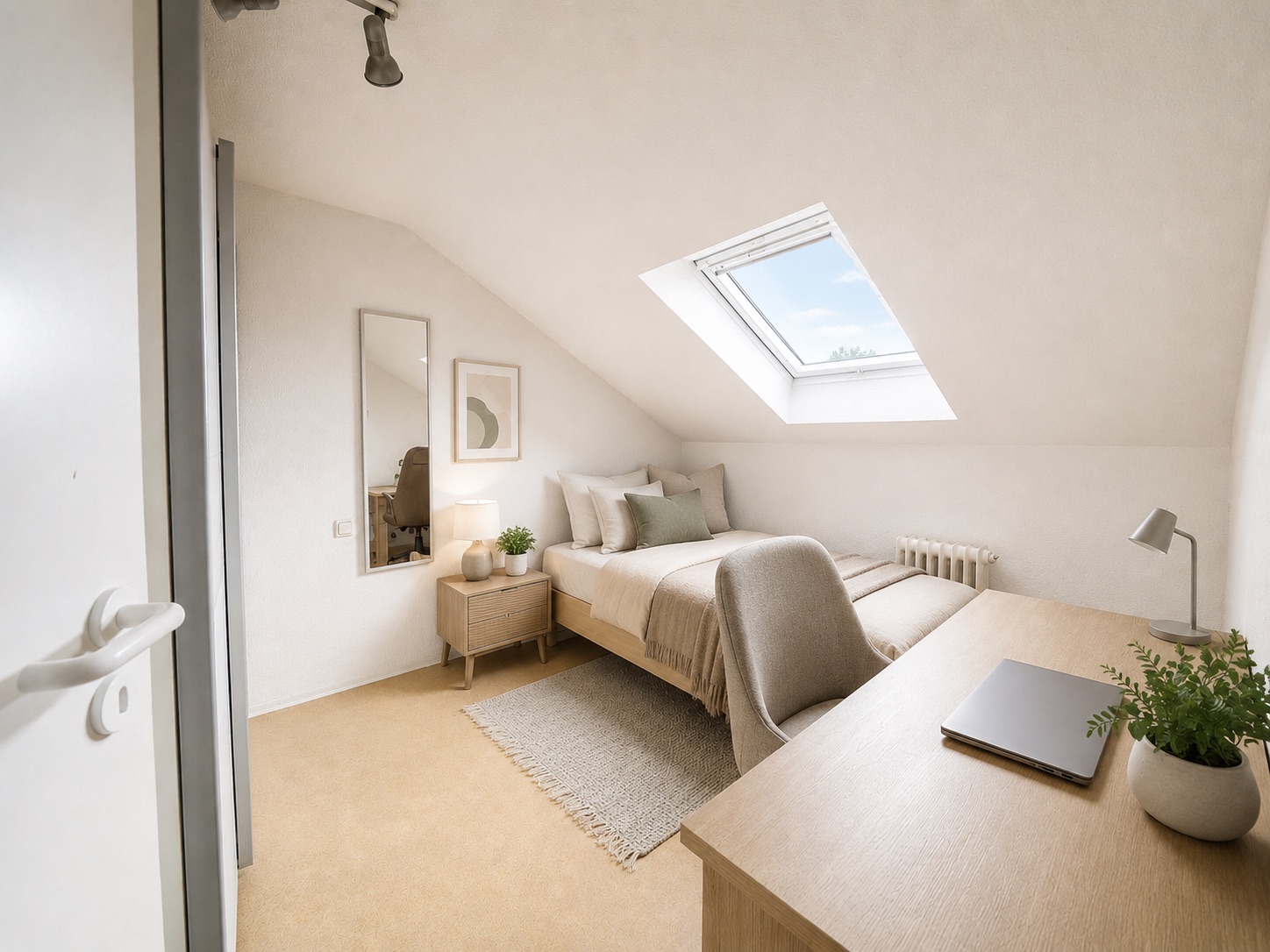 Helles Schlafzimmer mit Schreibtisch, Teppich, Dachfenster und Bett unter einer schrägen Decke.